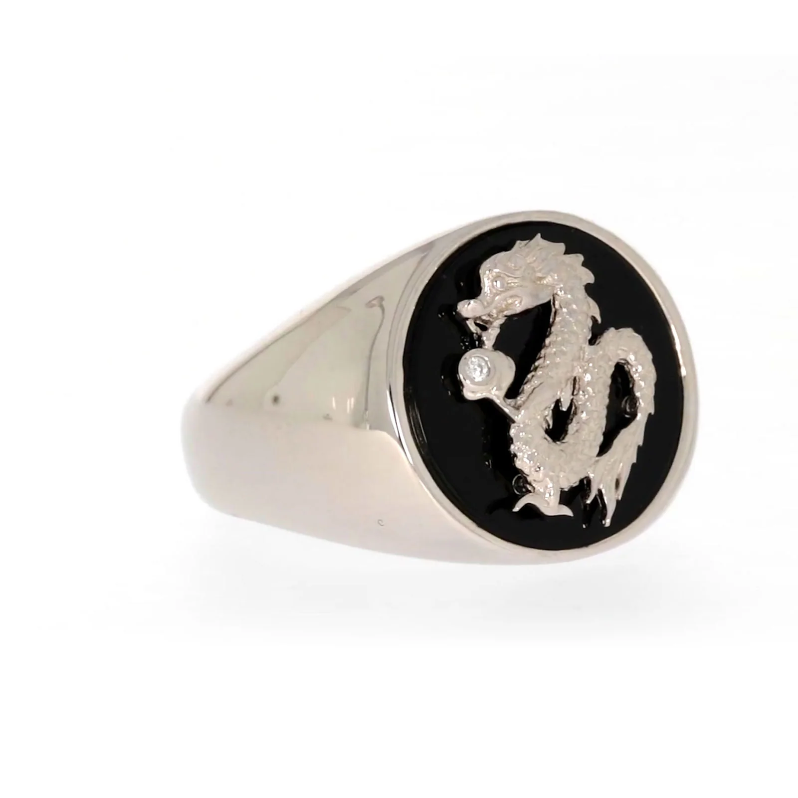 Sterling Silver Cubic Zirconia & Black Onyx Dragon Signet Mens Ring - Image 69