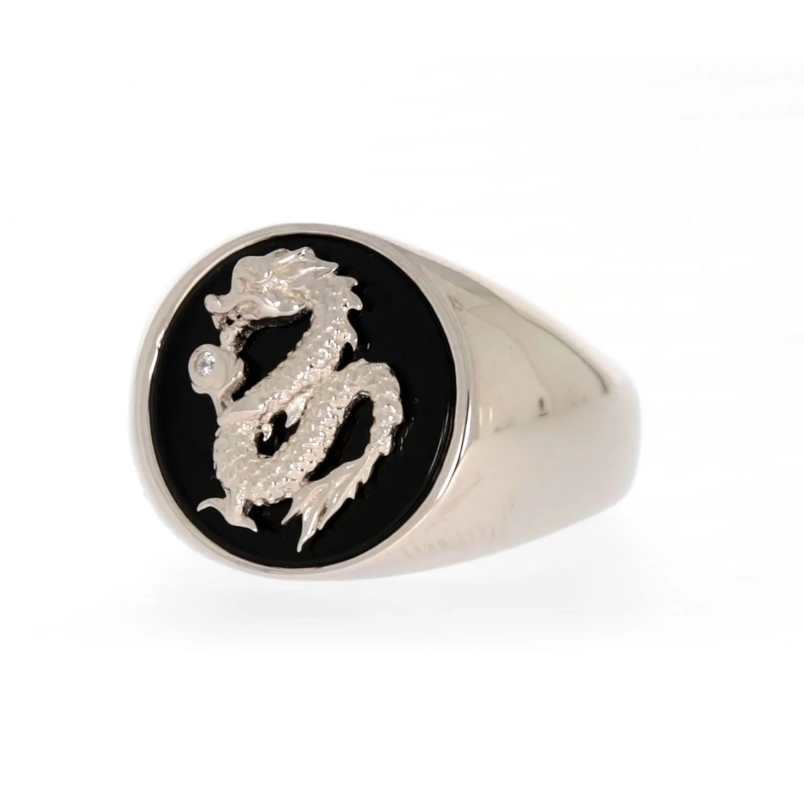 Sterling Silver Cubic Zirconia & Black Onyx Dragon Signet Mens Ring - Image 7