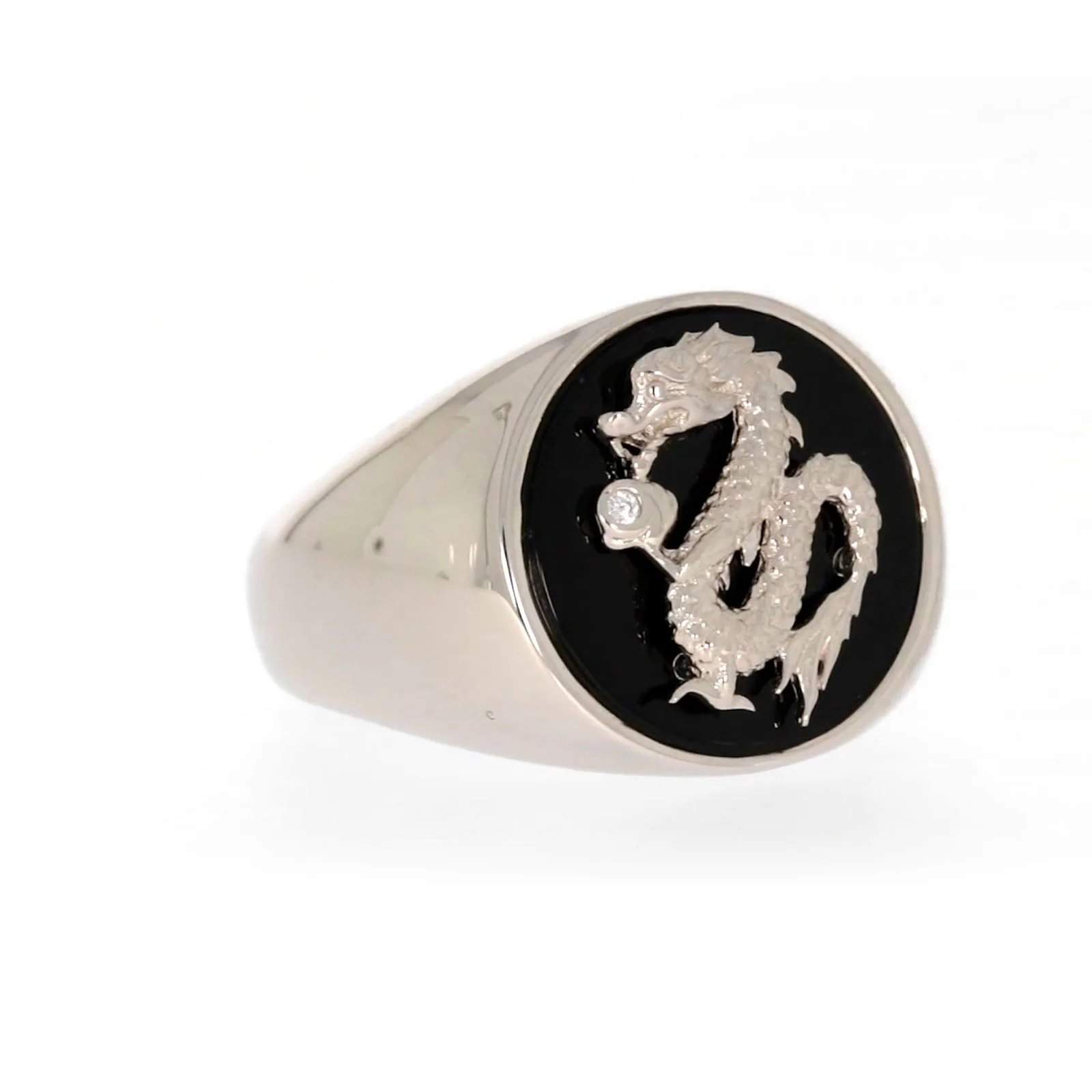 Sterling Silver Cubic Zirconia & Black Onyx Dragon Signet Mens Ring - Image 70