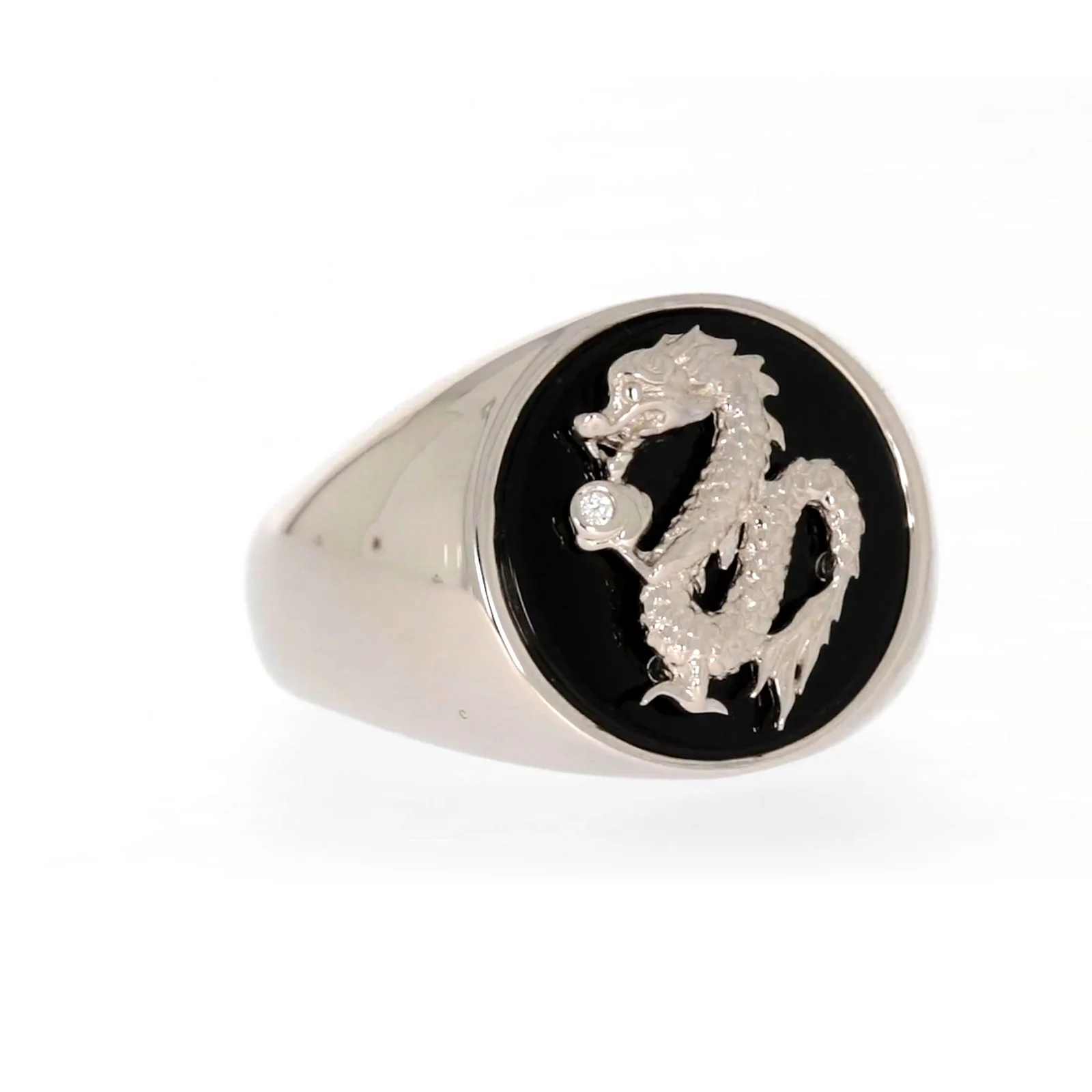 Sterling Silver Cubic Zirconia & Black Onyx Dragon Signet Mens Ring - Image 71