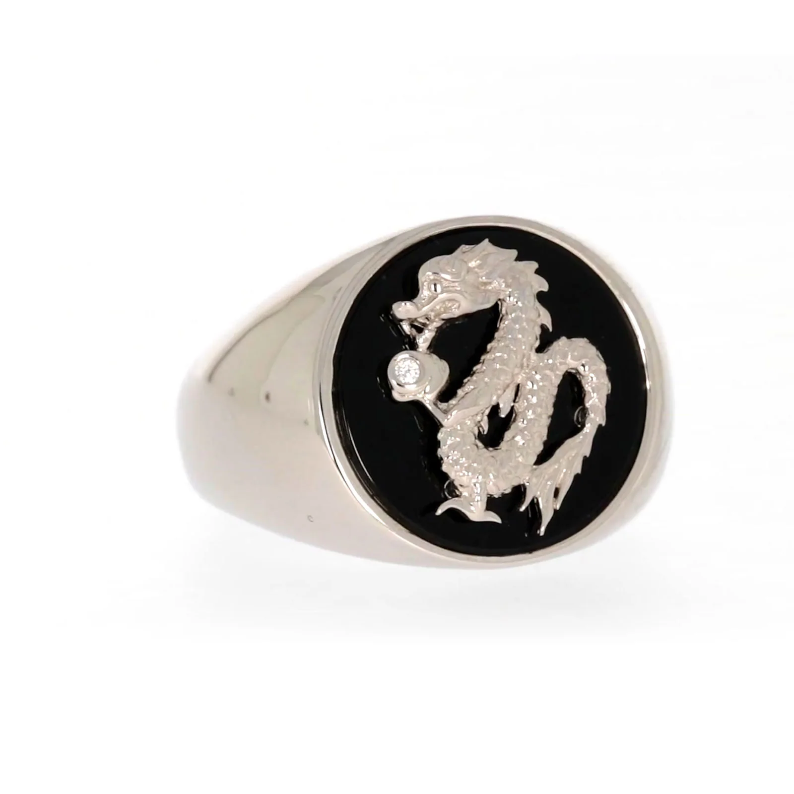 Sterling Silver Cubic Zirconia & Black Onyx Dragon Signet Mens Ring - Image 72