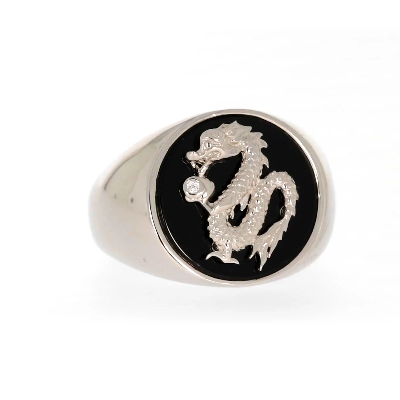 Sterling Silver Cubic Zirconia & Black Onyx Dragon Signet Mens Ring - Image 73