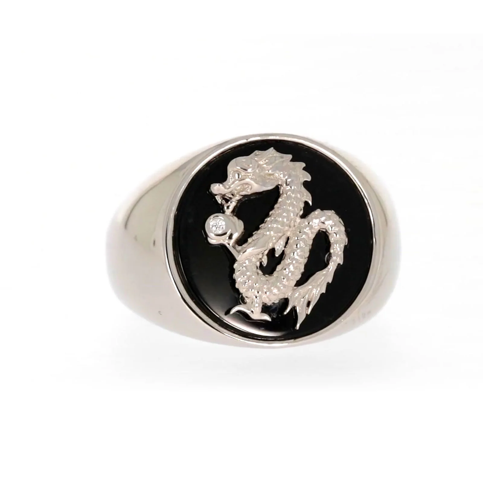 Sterling Silver Cubic Zirconia & Black Onyx Dragon Signet Mens Ring - Image 74