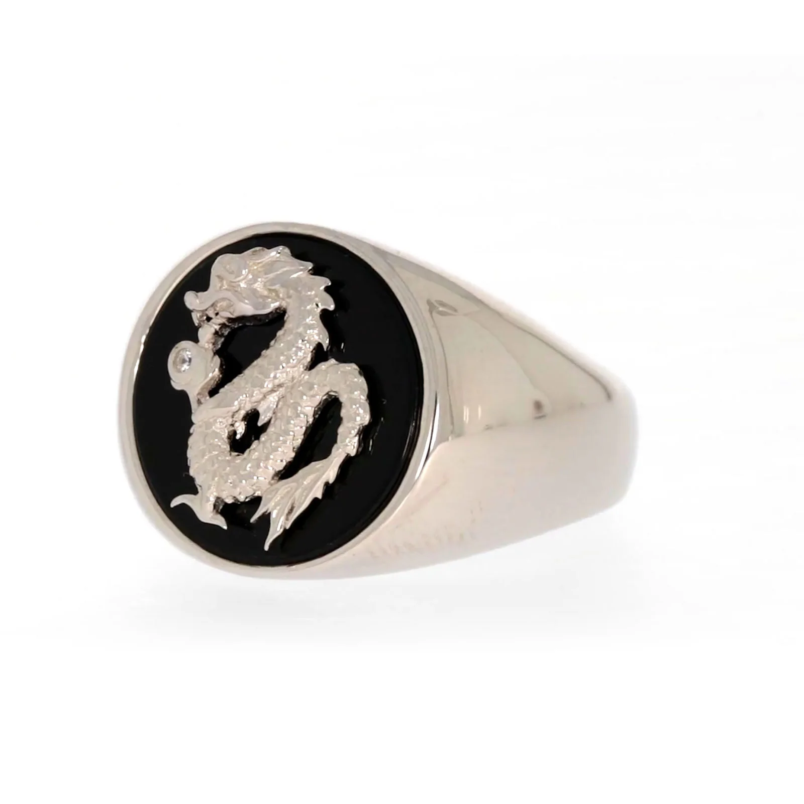 Sterling Silver Cubic Zirconia & Black Onyx Dragon Signet Mens Ring - Image 8