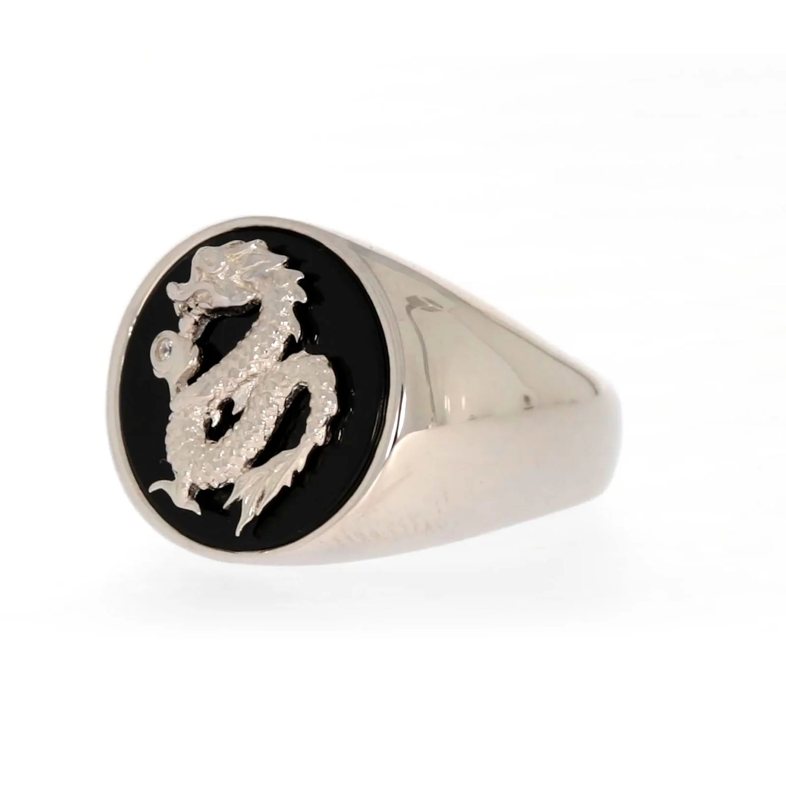 Sterling Silver Cubic Zirconia & Black Onyx Dragon Signet Mens Ring - Image 9