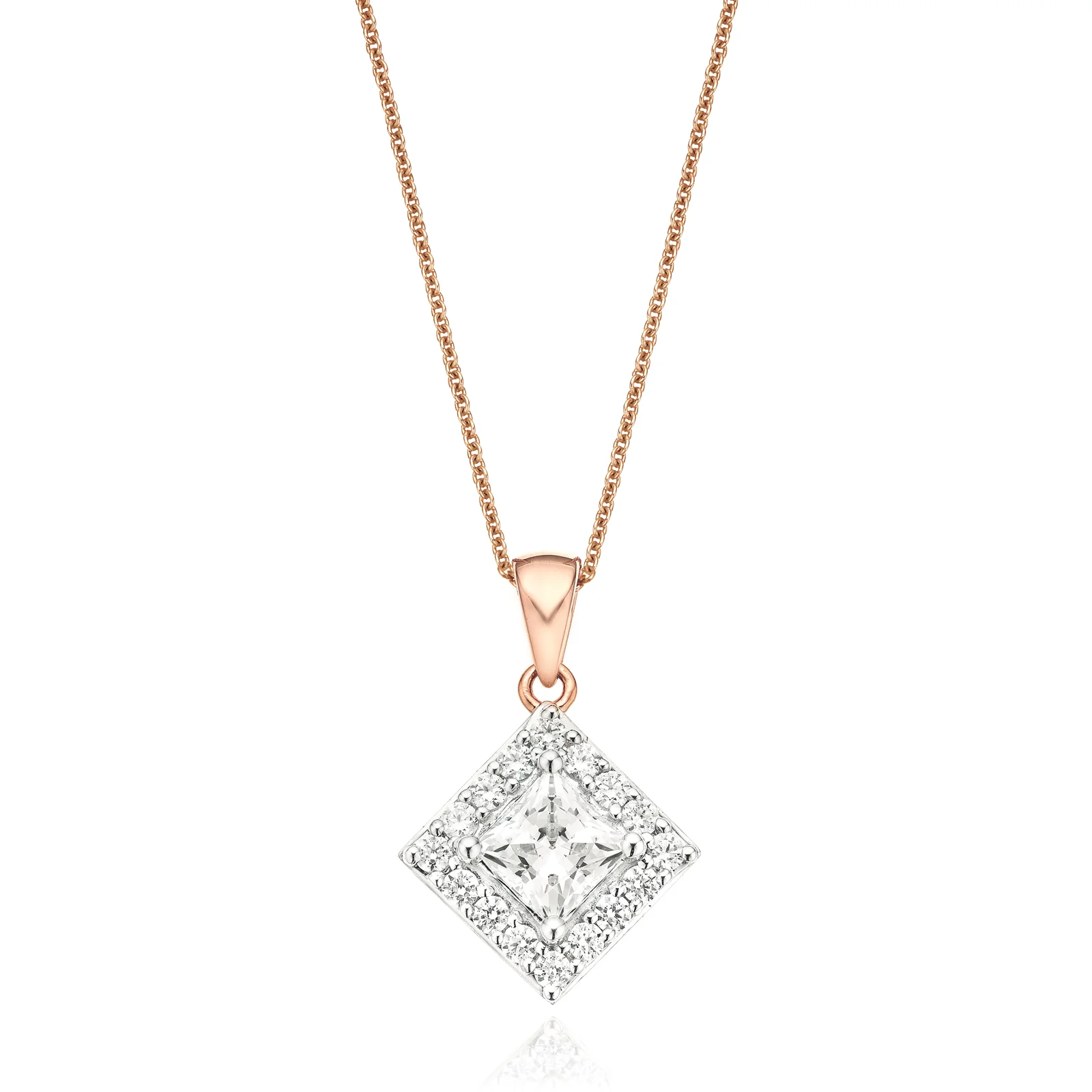 HUSH 9ct Rose Gold Princess & Round Brilliant Cut with 3/4 CARAT tw of Diamond Simulants Pendant