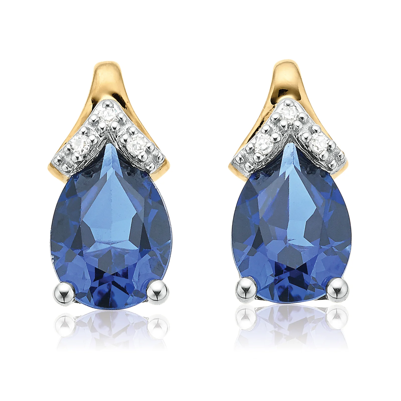 9ct Two Tone Gold Pear & Round Brilliant Cut Created Blue Sapphire & Diamond Set Stud Earrings