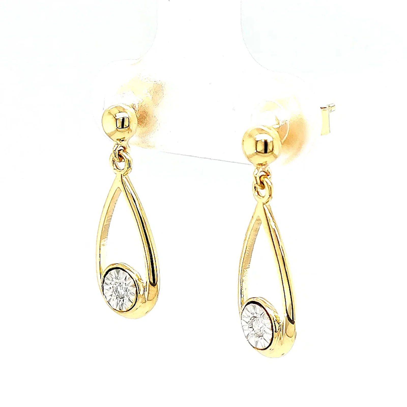 9ct Yellow Gold Round Brilliant Cut & Diamond Set Drop Earrings - Image 10