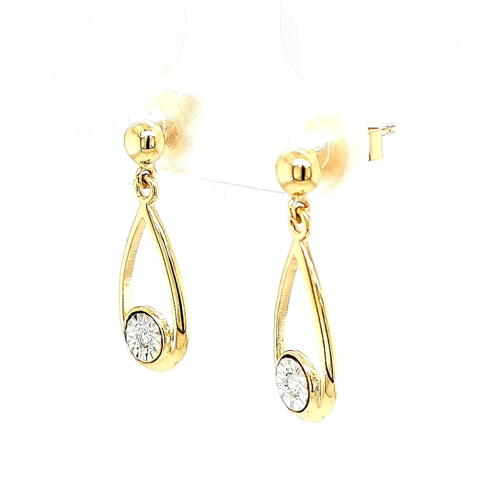 9ct Yellow Gold Round Brilliant Cut & Diamond Set Drop Earrings - Image 11