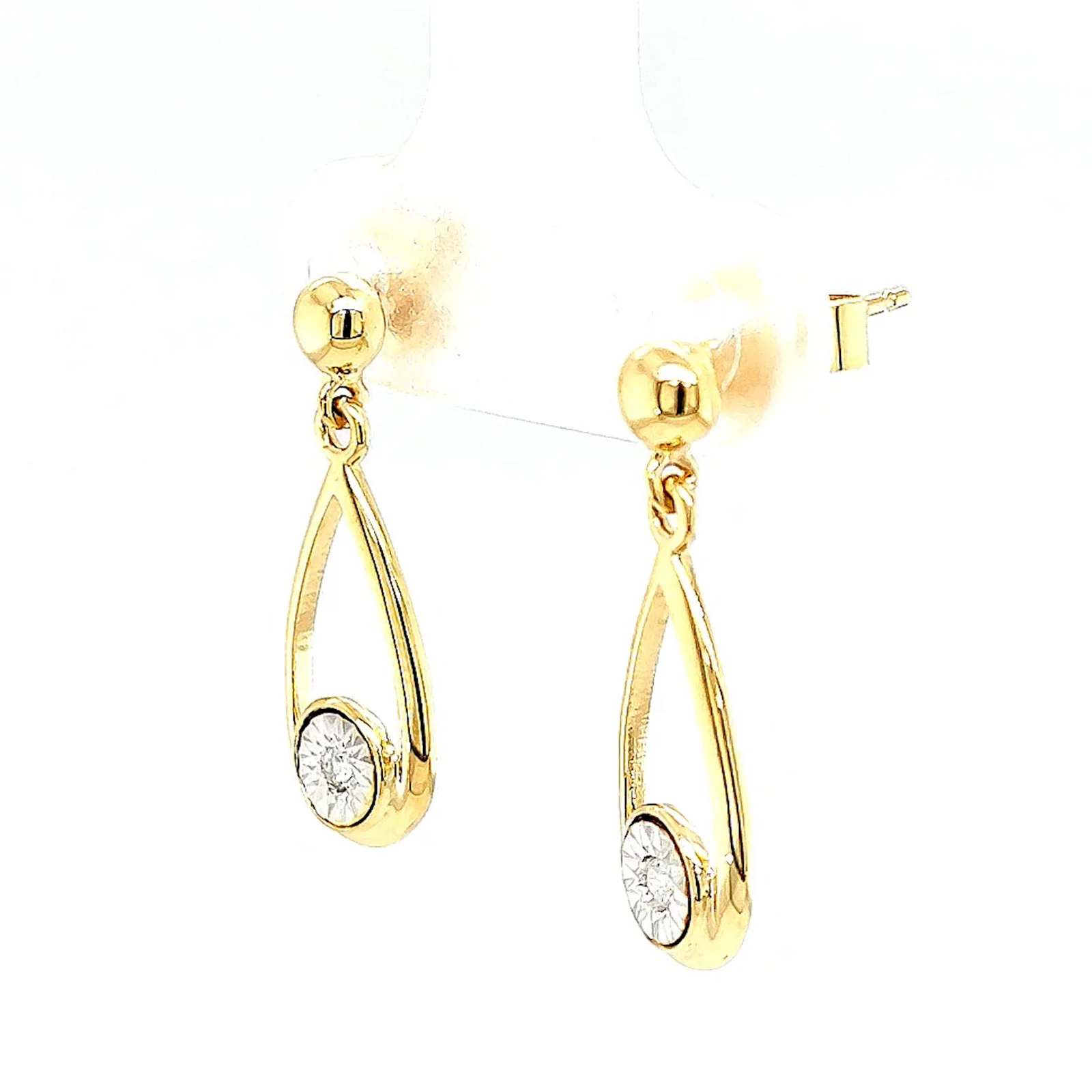 9ct Yellow Gold Round Brilliant Cut & Diamond Set Drop Earrings - Image 12