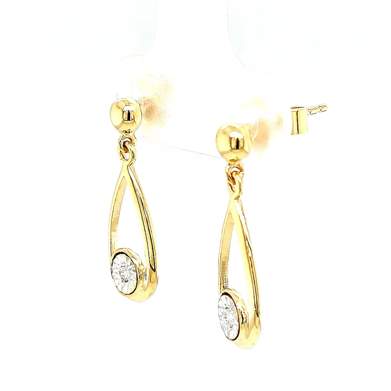 9ct Yellow Gold Round Brilliant Cut & Diamond Set Drop Earrings - Image 13