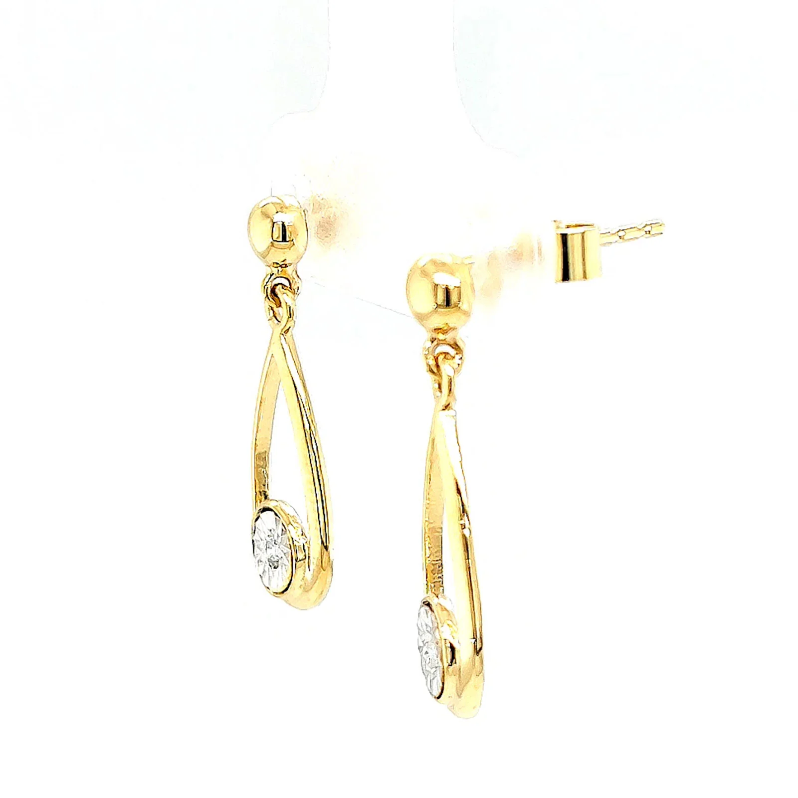 9ct Yellow Gold Round Brilliant Cut & Diamond Set Drop Earrings - Image 15
