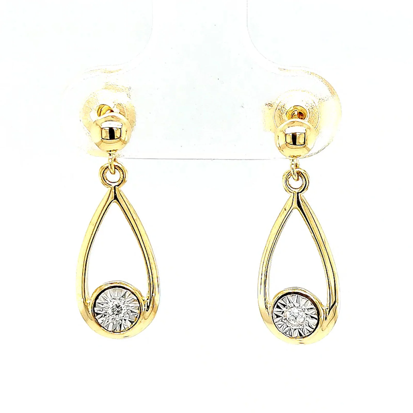 9ct Yellow Gold Round Brilliant Cut & Diamond Set Drop Earrings - Image 3