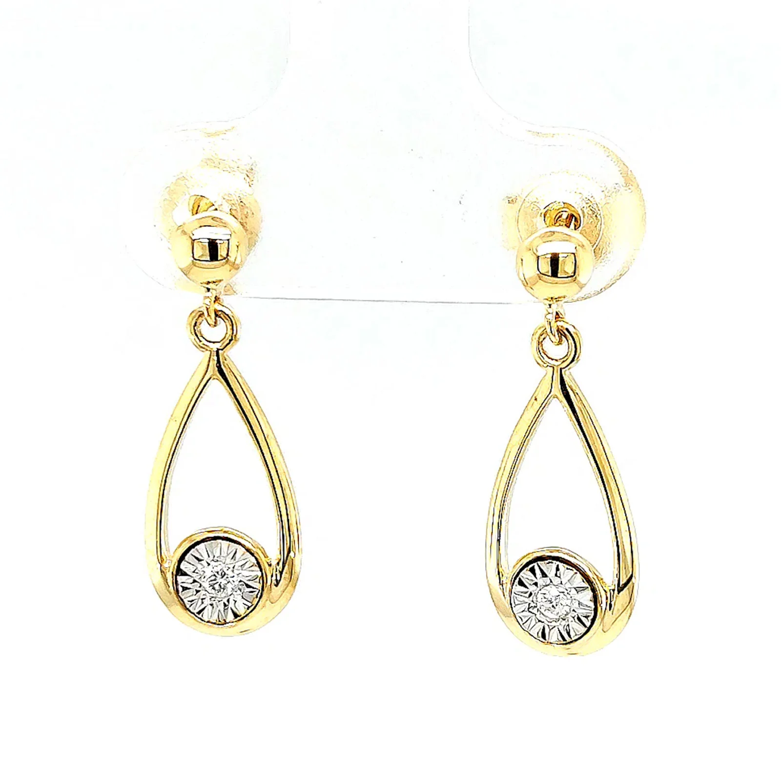 9ct Yellow Gold Round Brilliant Cut & Diamond Set Drop Earrings - Image 4