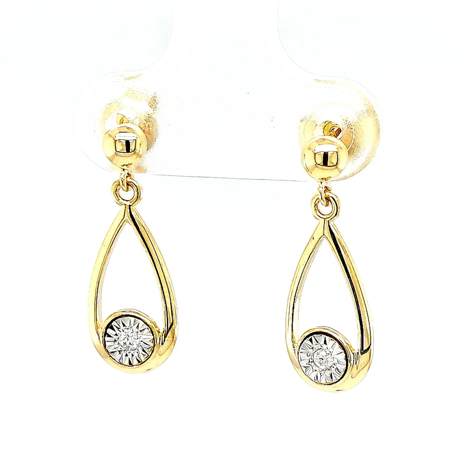 9ct Yellow Gold Round Brilliant Cut & Diamond Set Drop Earrings - Image 5