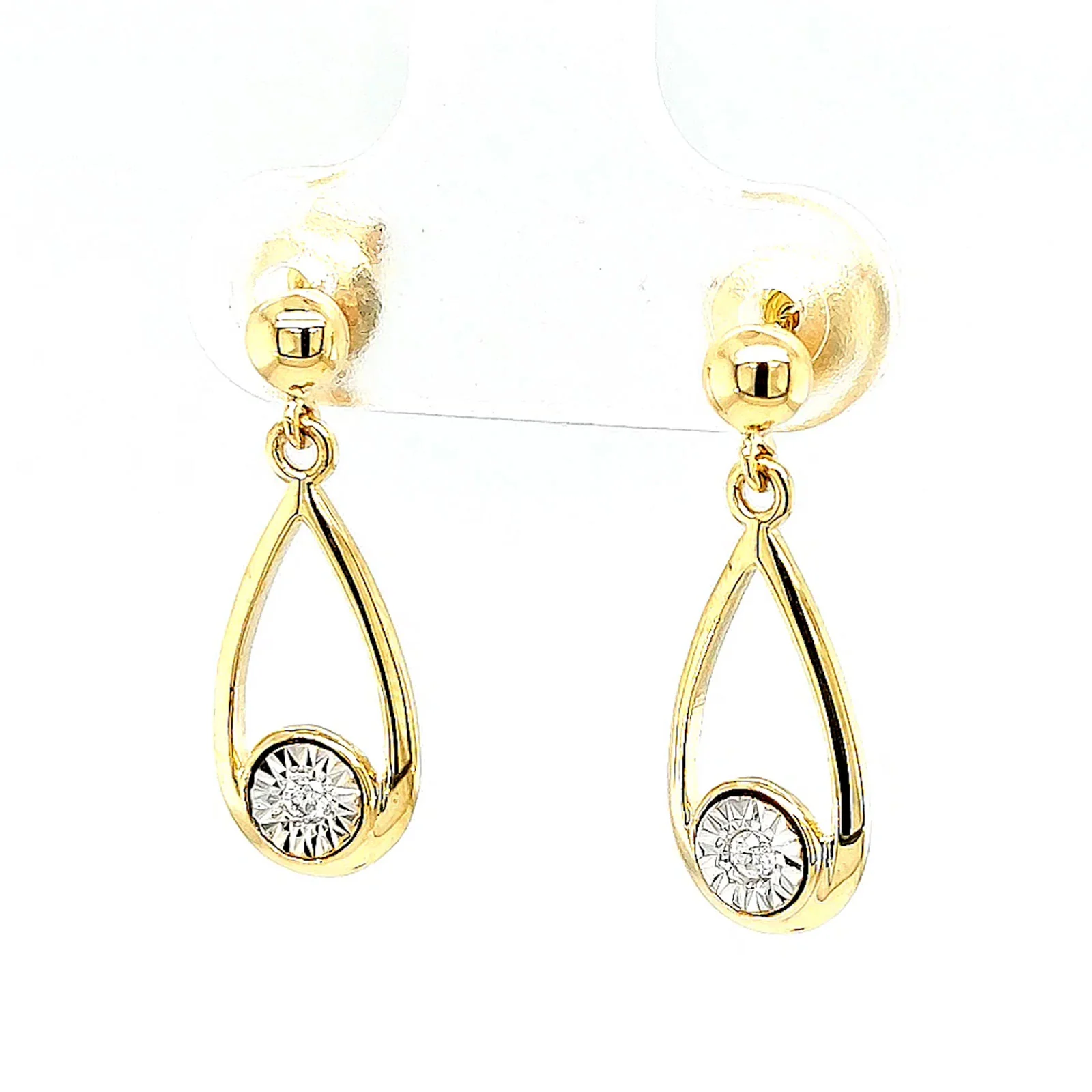 9ct Yellow Gold Round Brilliant Cut & Diamond Set Drop Earrings - Image 6