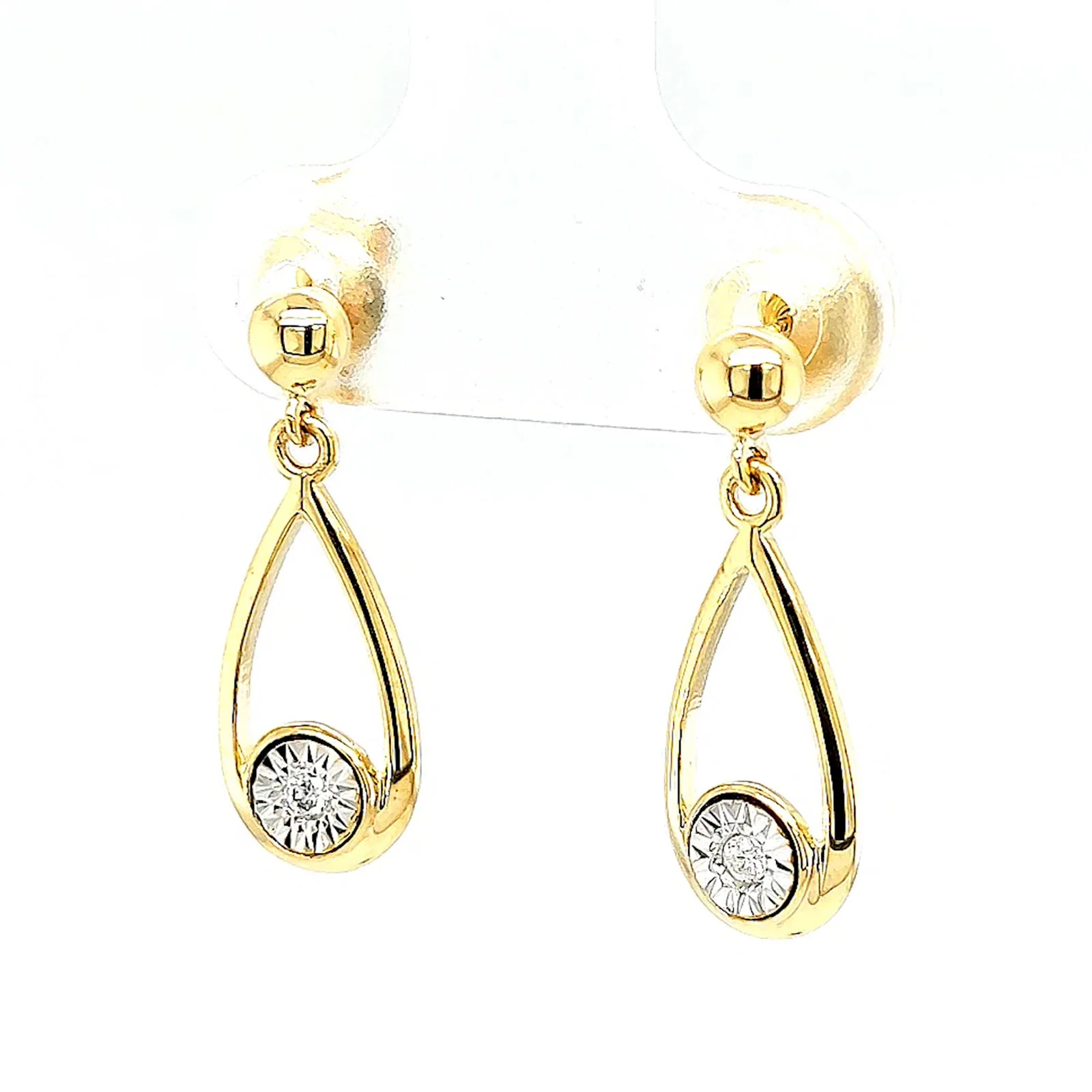 9ct Yellow Gold Round Brilliant Cut & Diamond Set Drop Earrings - Image 7