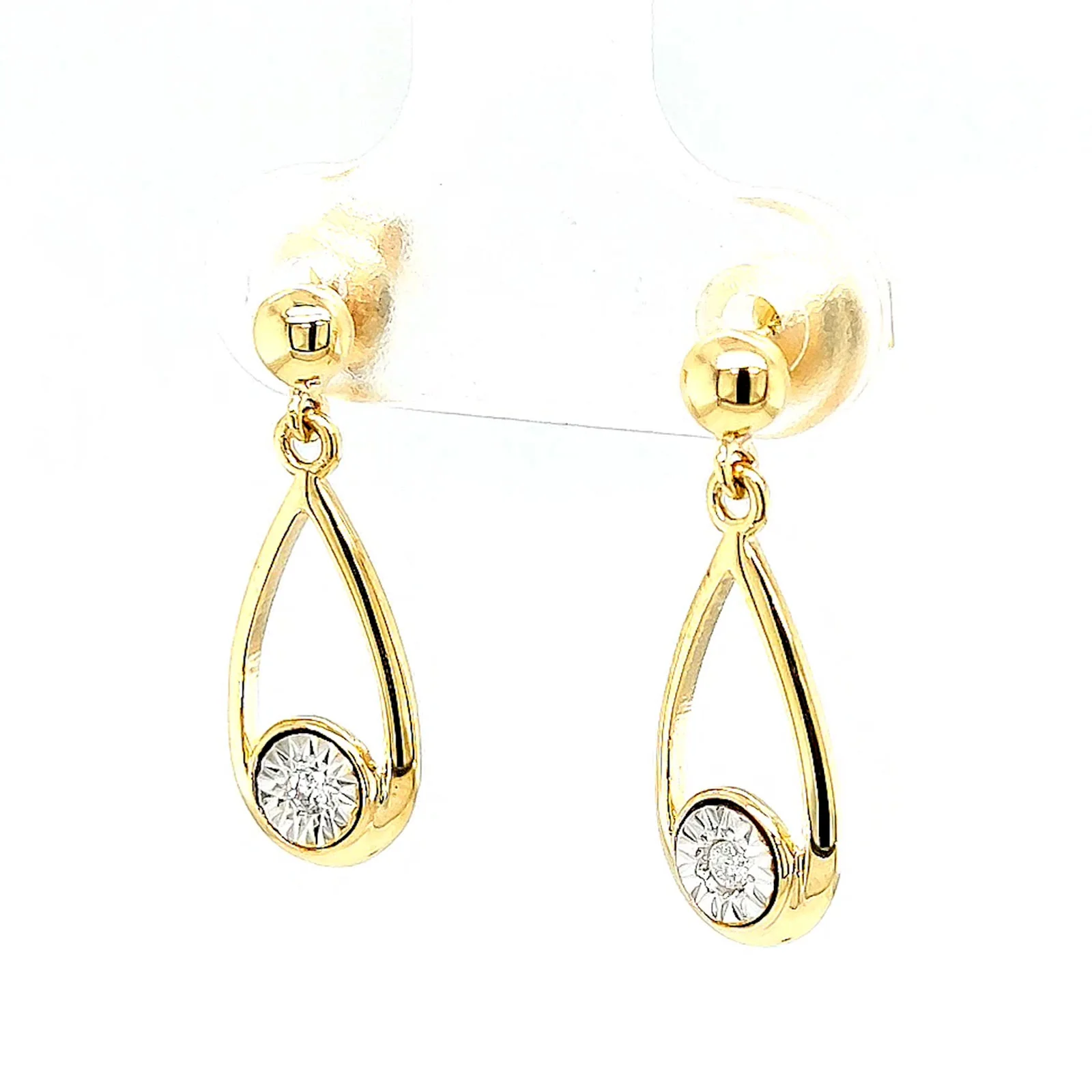 9ct Yellow Gold Round Brilliant Cut & Diamond Set Drop Earrings - Image 8