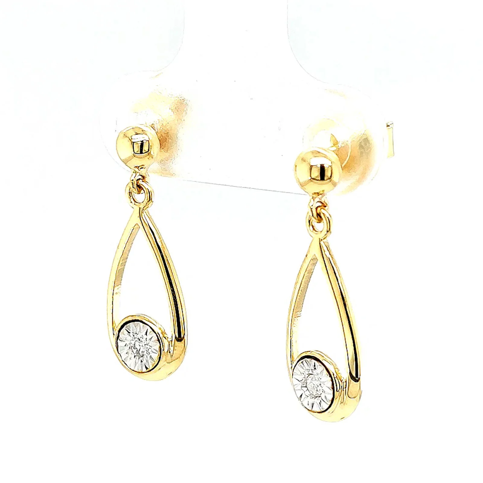 9ct Yellow Gold Round Brilliant Cut & Diamond Set Drop Earrings - Image 9