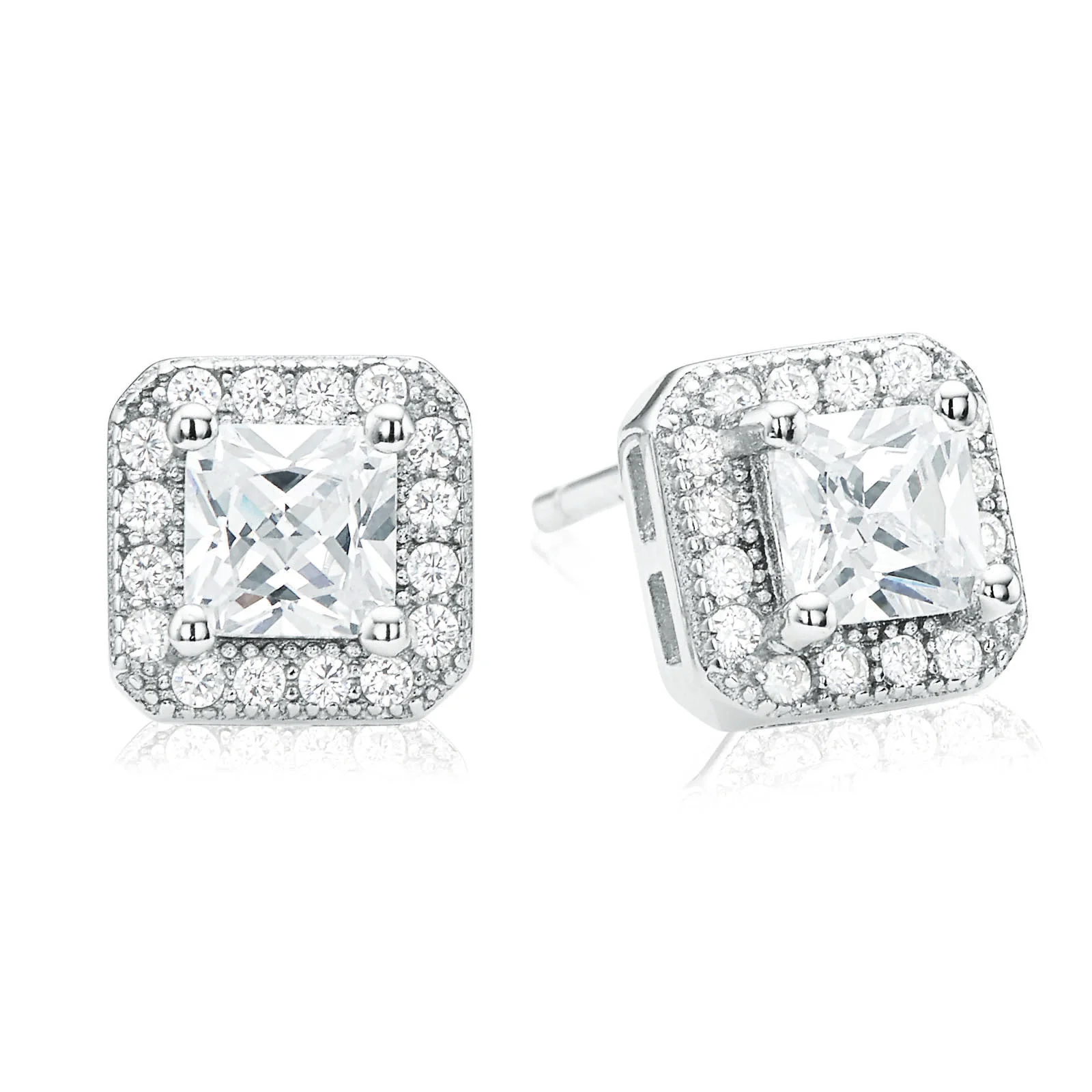 Sterling Silver Cubic Zirconia Halo Princess Cut Stud Earrings