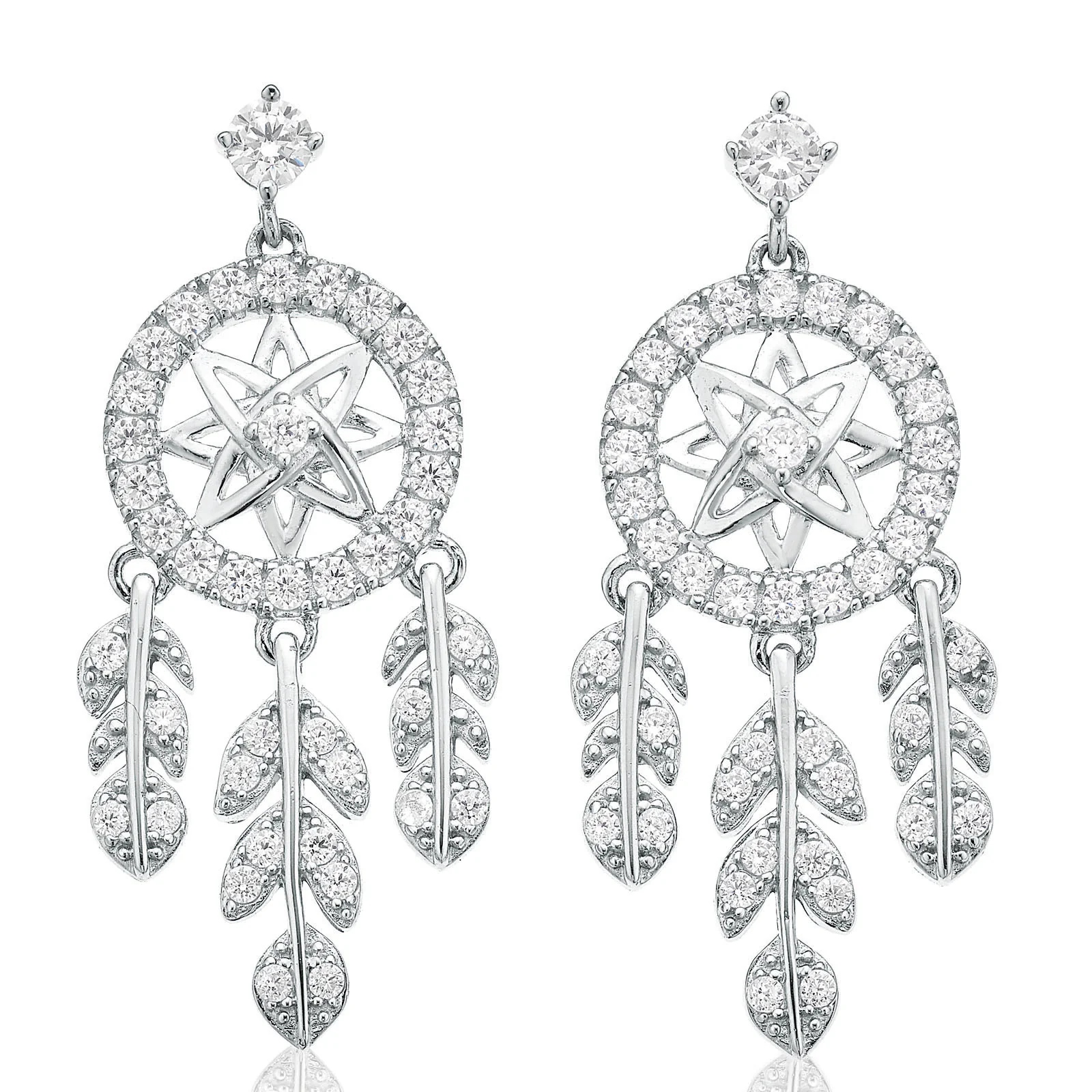 Sterling Silver Cubic Zirconia Dream Catcher Drop Earrings