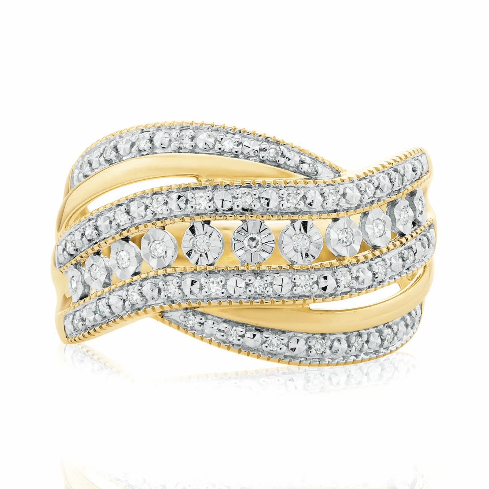9ct Two Tone Gold Round Brilliant Cut Ring with 0.15 Carat tw of Diamonds Ring