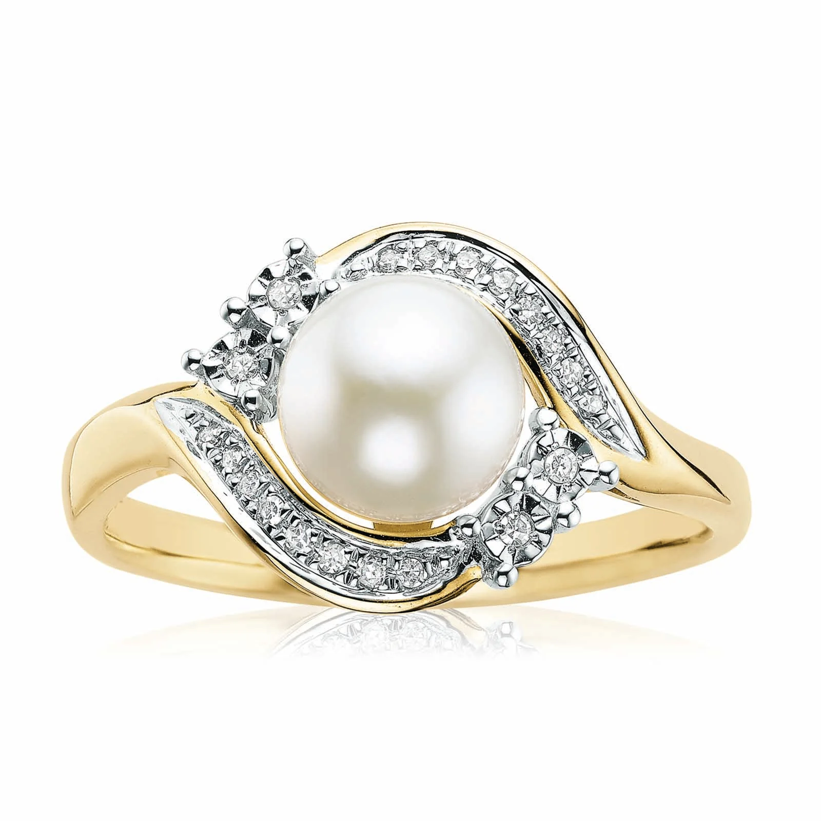 9ct Two Tone Gold 7mm Freshwater Pearl & Diamond Set Ring