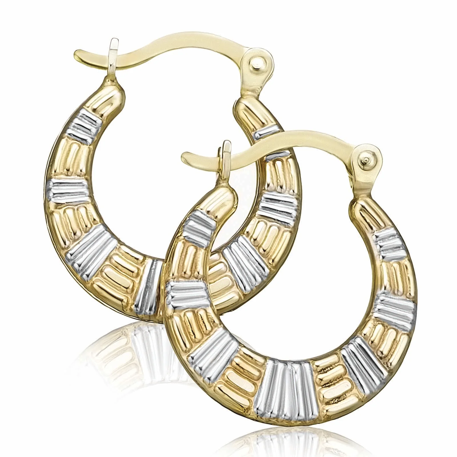 9ct Two Tone Gold Silver Filled 14mm Patterned Hoop Earrings