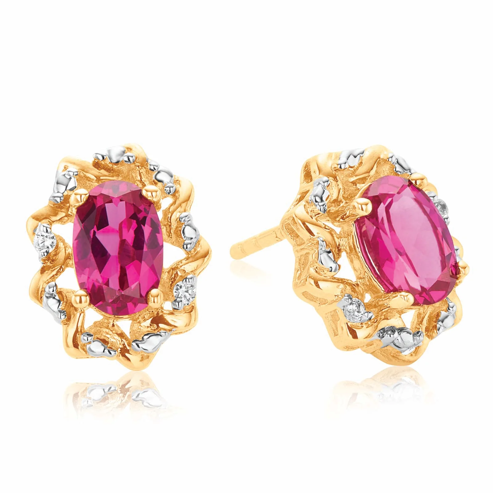9ct Yellow Gold Oval Cut 6X4mm Created Ruby & Diamond Set Stud Earrings