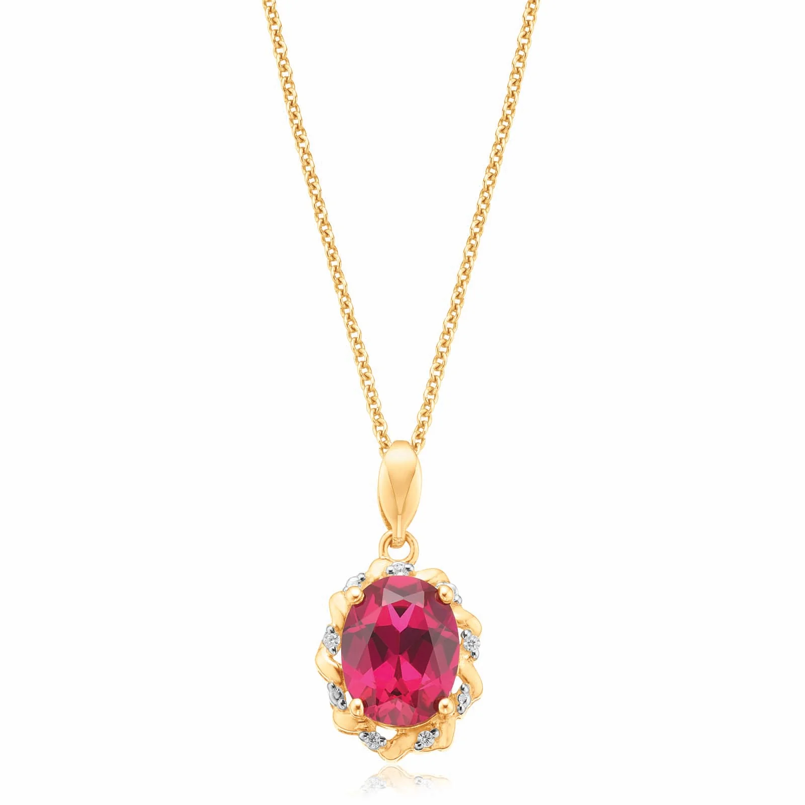 9ct Yellow Gold Oval Cut 9X7mm Created Ruby & Diamond Set Pendant