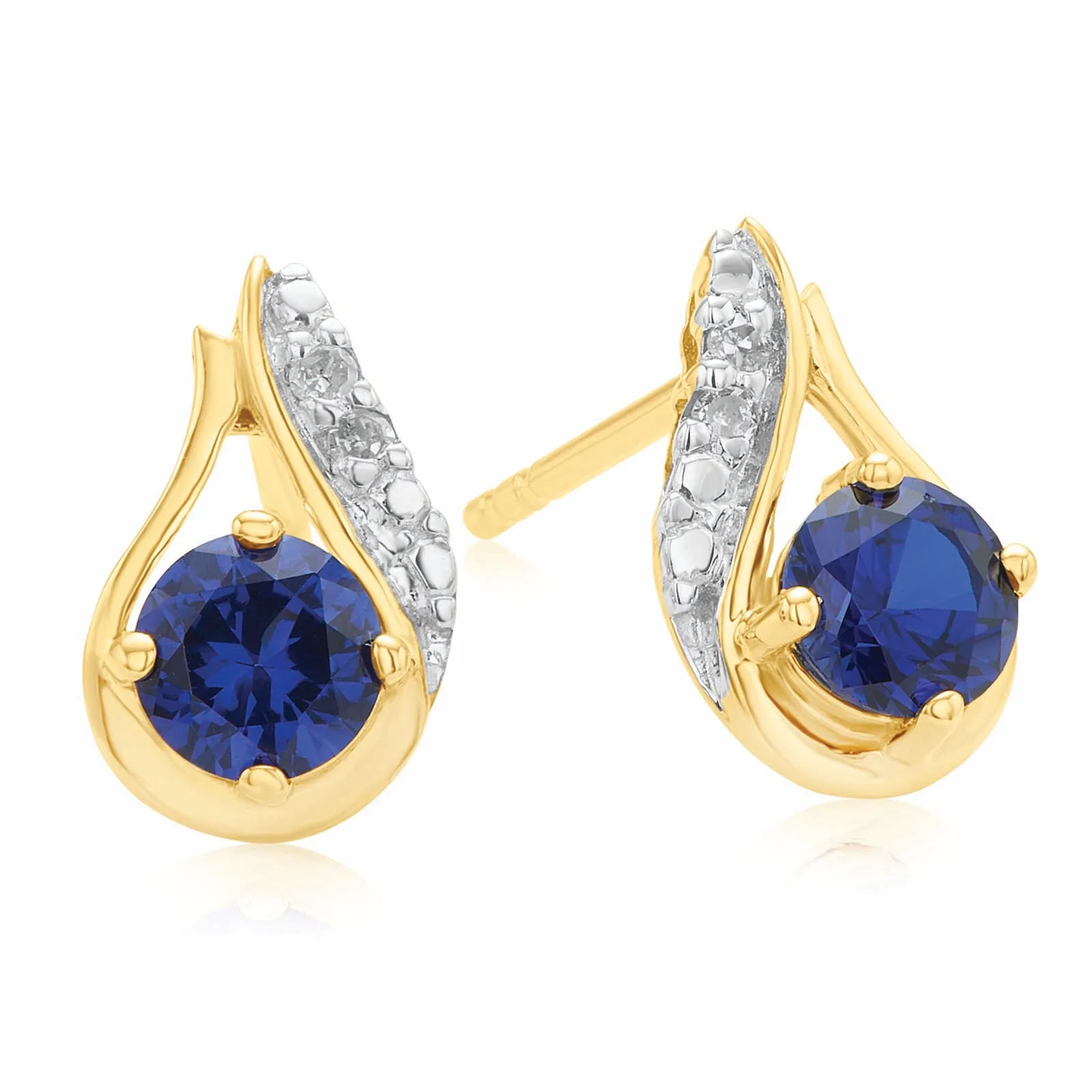 9ct Yellow Gold 4mm Created Sapphire Diamond Set Stud Earrings