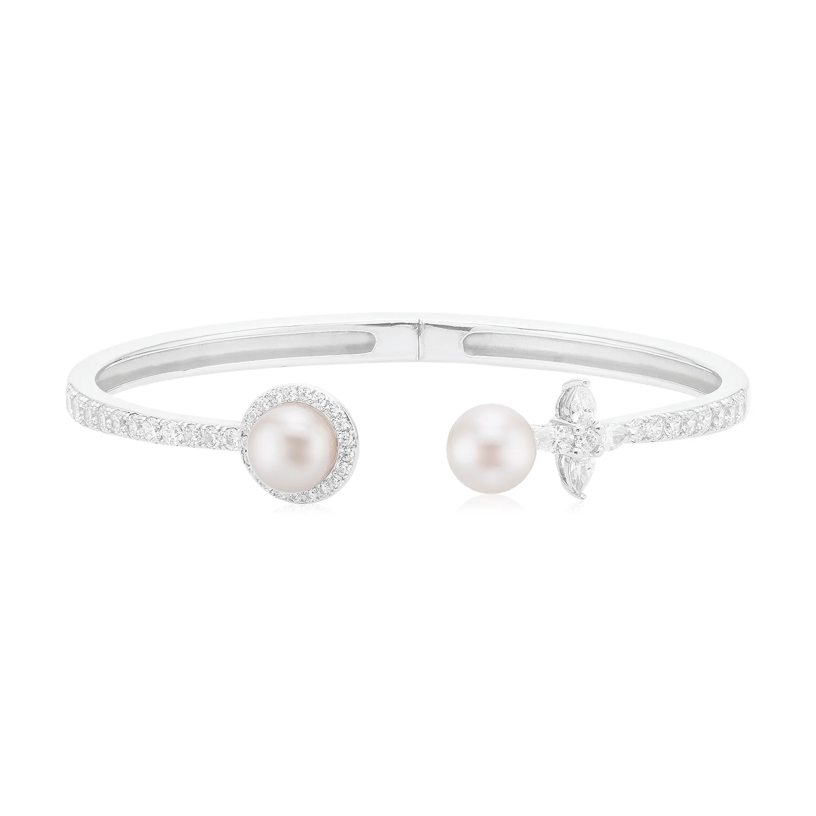 Sterling Silver Cubic Zirconia Fresh Water Pearl Hinge Bangle