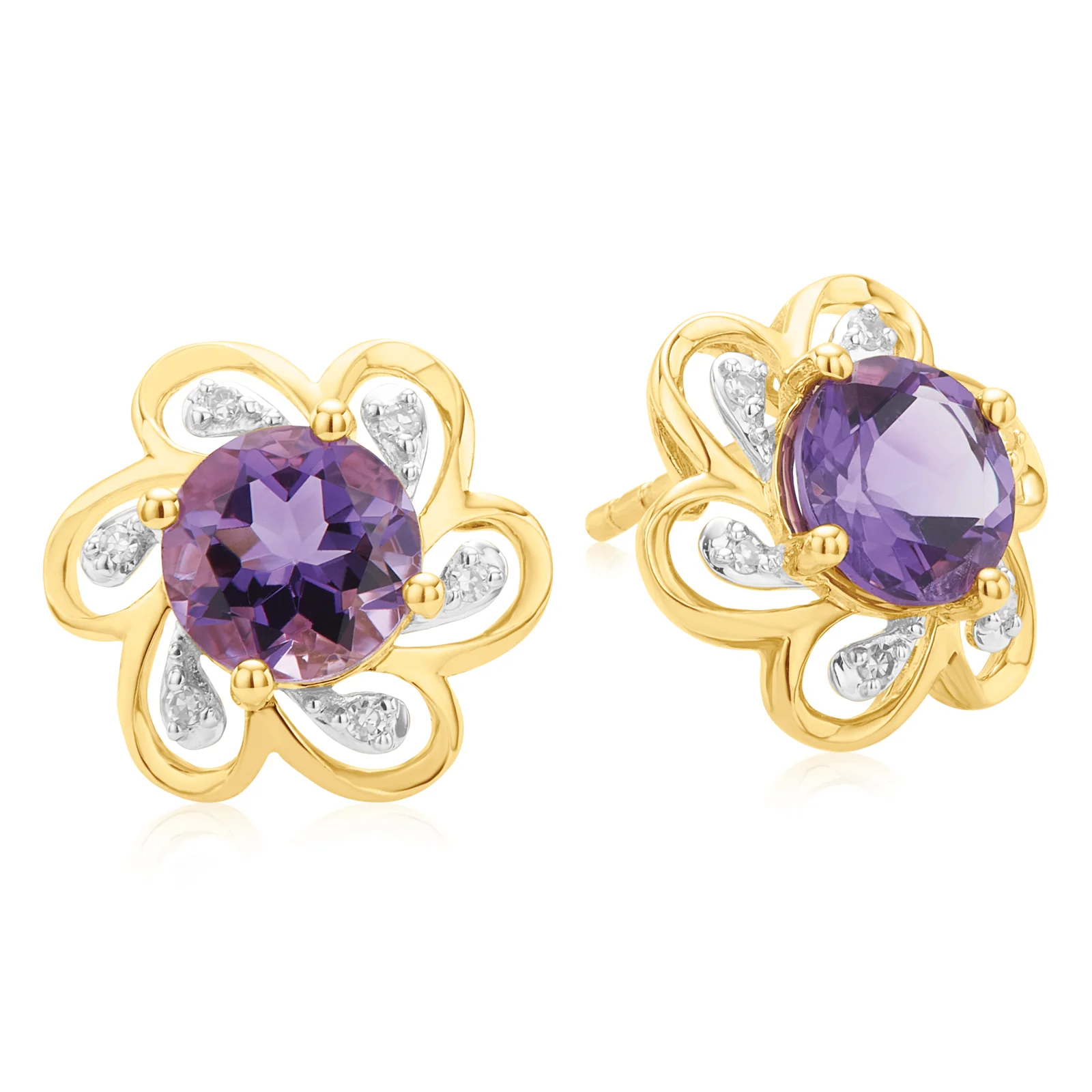 9ct Yellow Gold Diamond Set & Amethyst Stud Earrings