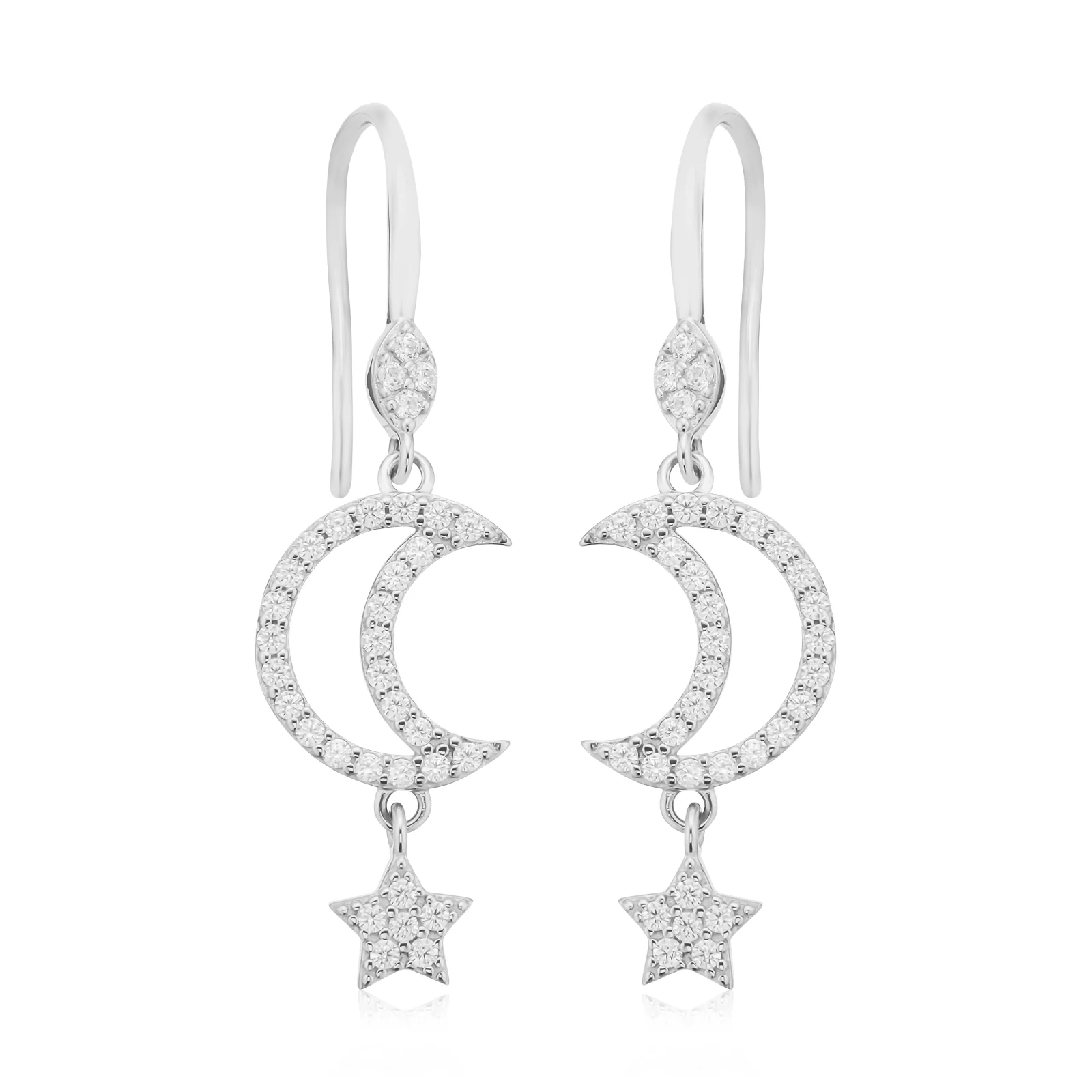 Sterling Silver Round White Cubic Zirconia Moon Star Drop Earrings