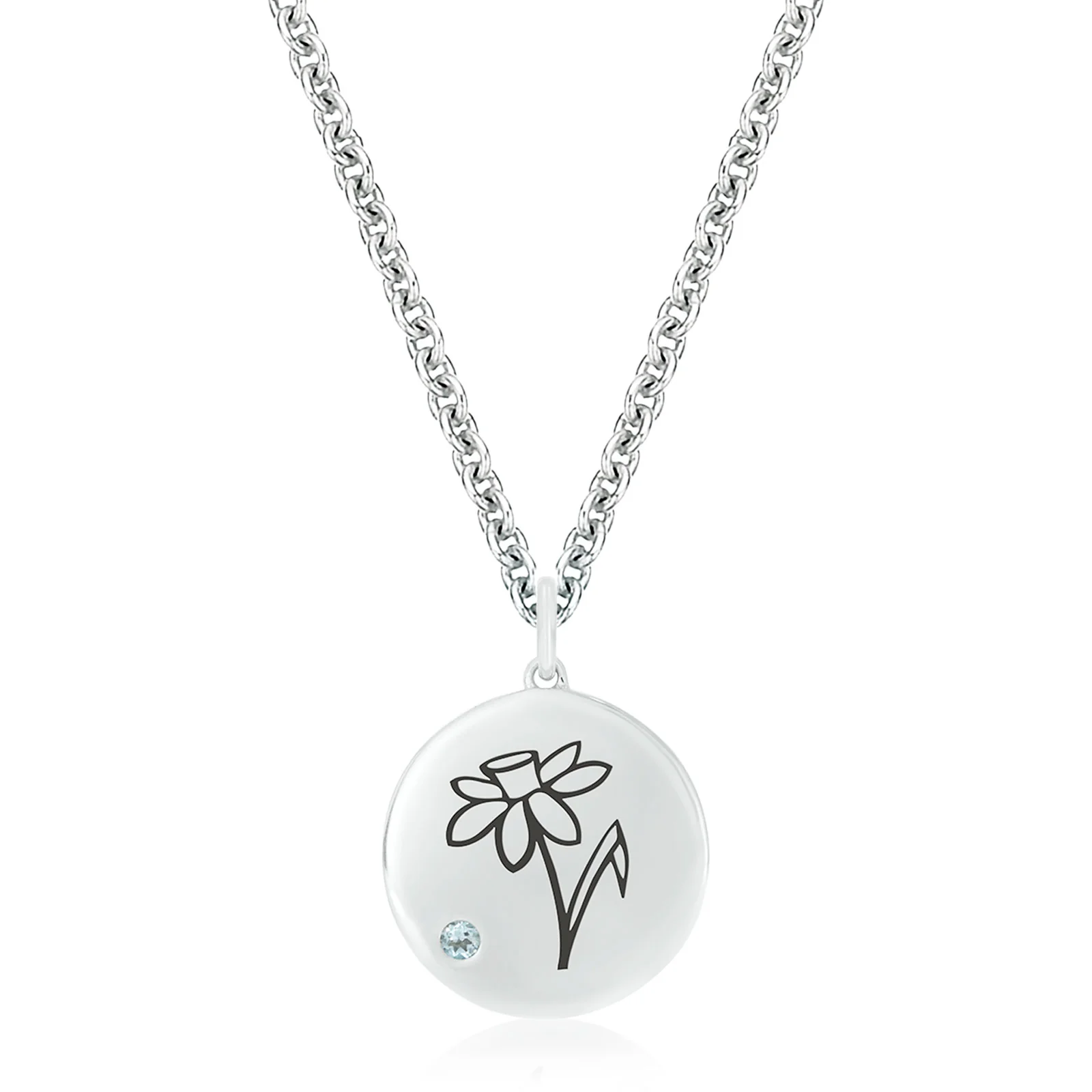 Sterling Silver 2mm Aquamarine Daffodil March Pendant