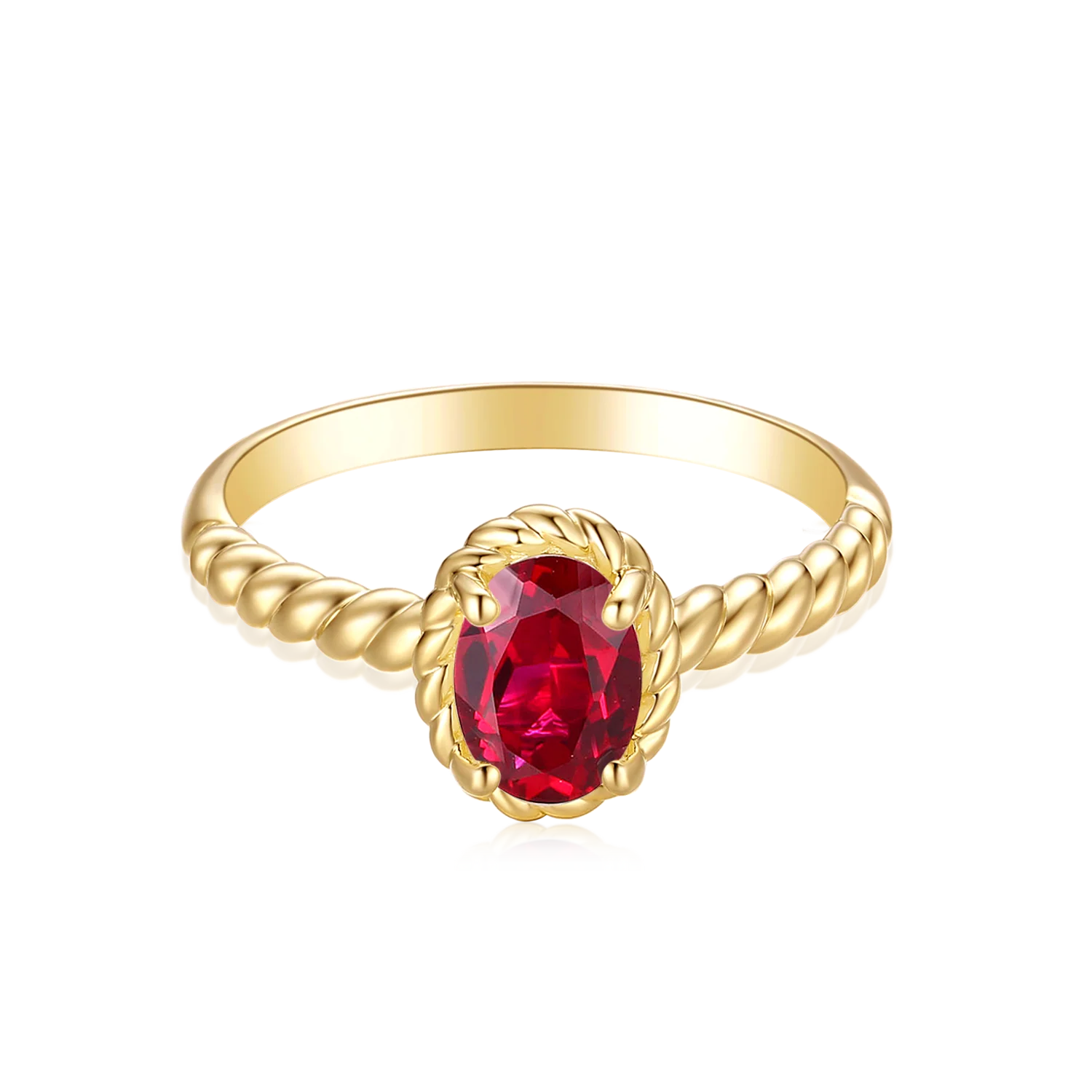 9ct Yellow Gold Oval Cut 7x5mm Created Ruby July Ring