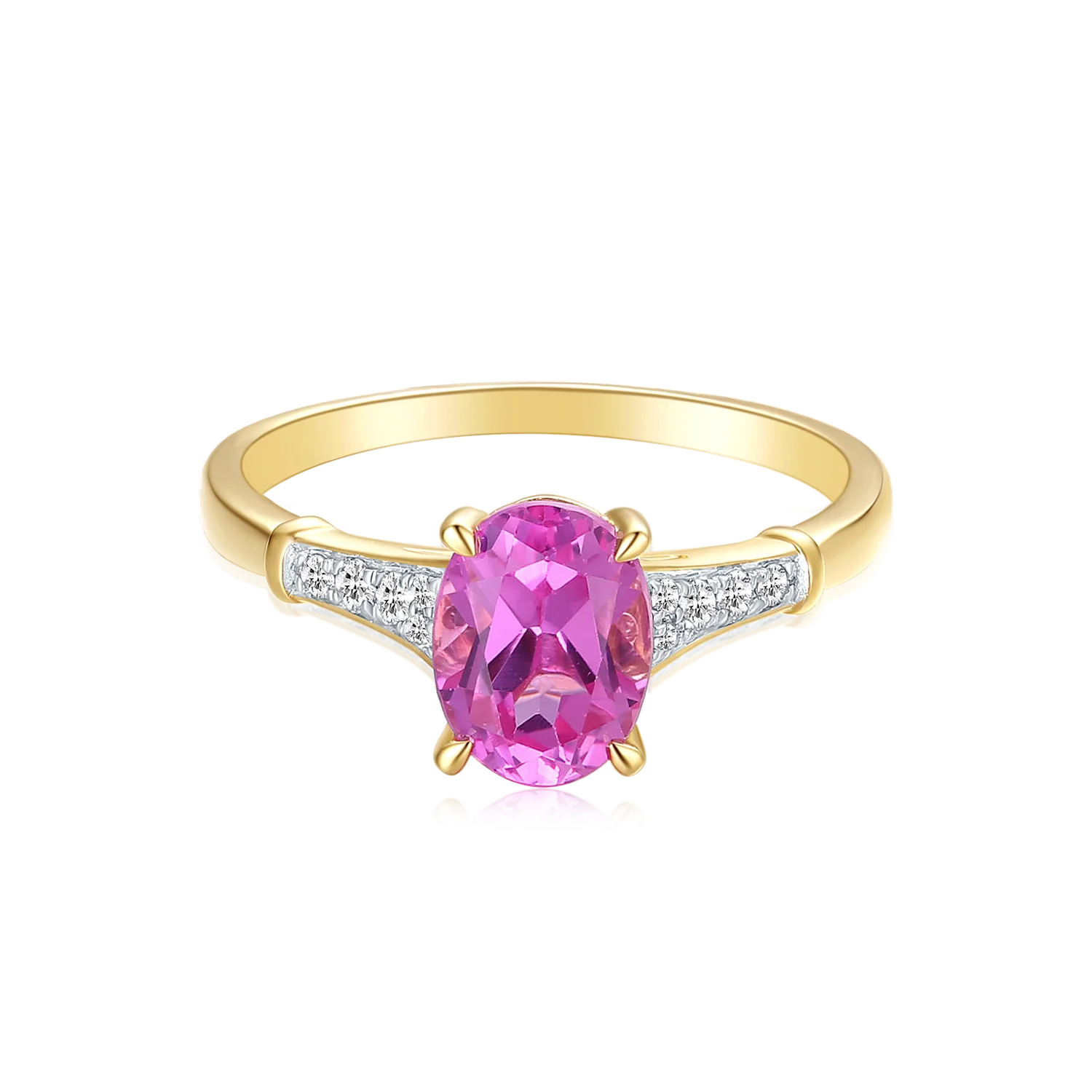 9ct Yellow Gold Oval Cut 8x6mm Created Pink Sapphire 0.10 Carat tw Rhodium Plated Ring