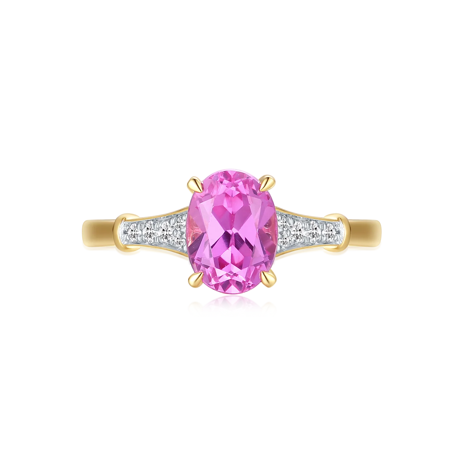 9ct Yellow Gold Oval Cut 8x6mm Created Pink Sapphire 0.10 Carat tw Rhodium Plated Ring - Image 3