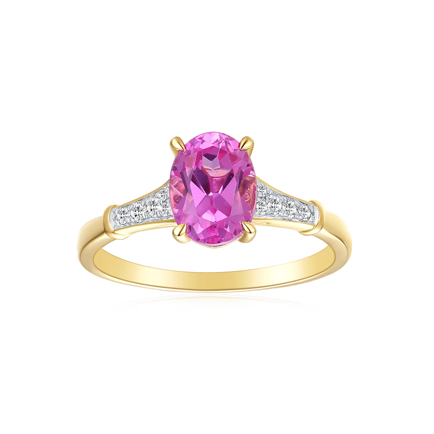 9ct Yellow Gold Oval Cut 8x6mm Created Pink Sapphire 0.10 Carat tw Rhodium Plated Ring - Image 4