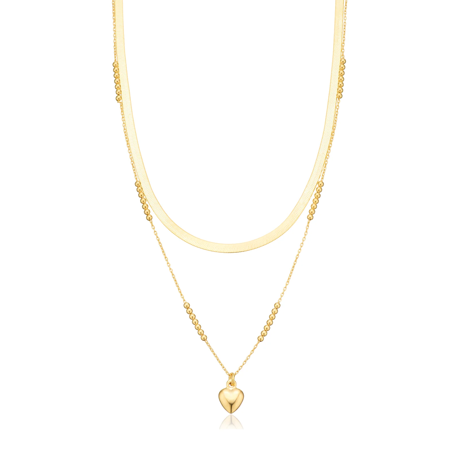Sterling Silver Yellow Gold Plated 45cm Double Chain Heart Necklace