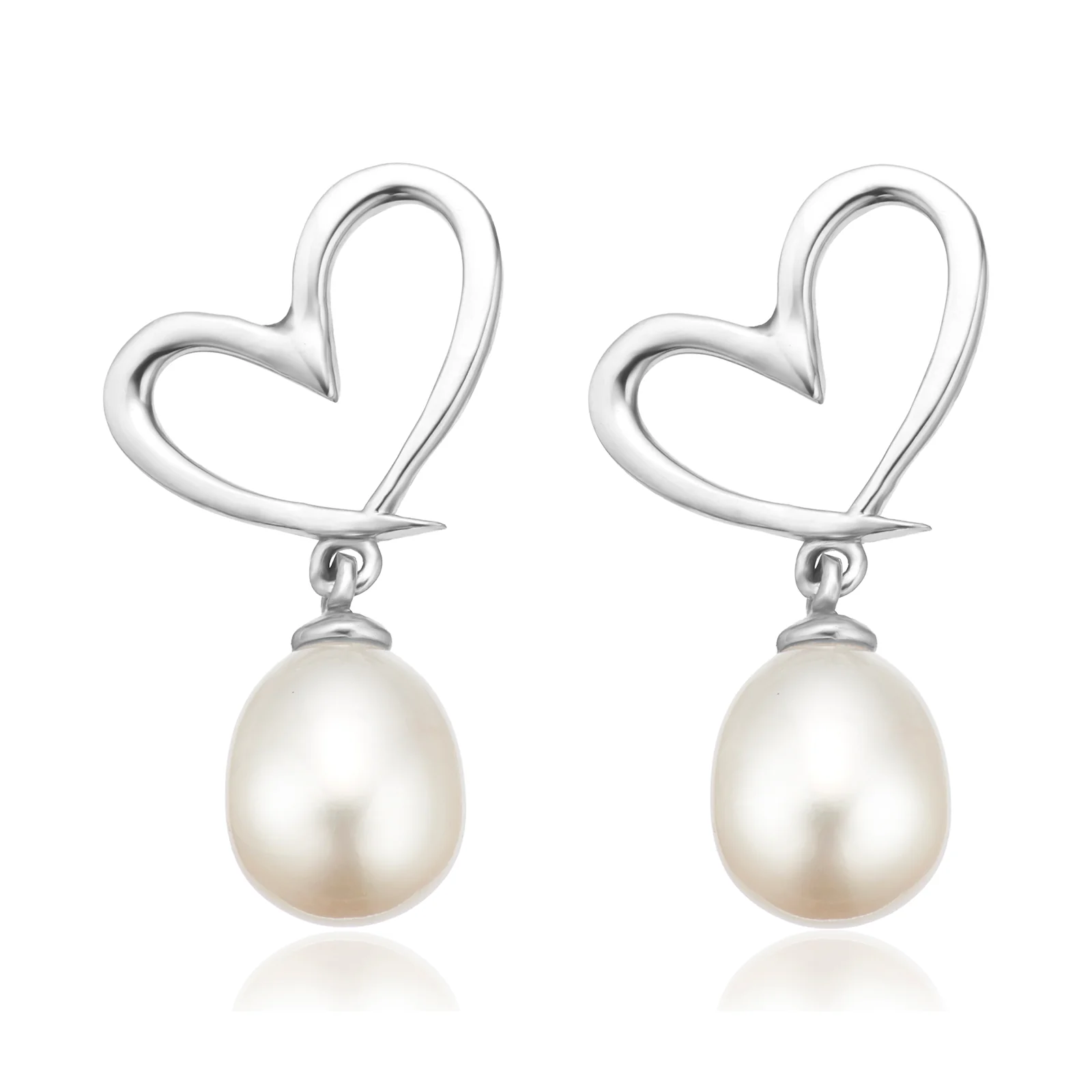 Sterling Silver 7-8mm Freshwater Pearl White Heart Drop Earrings