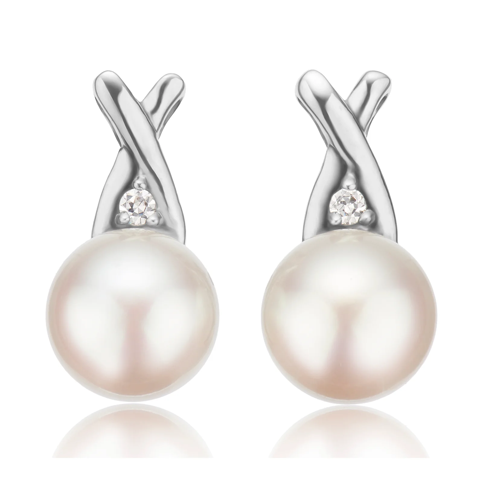Sterling Silver 9-10mm Freshwater Pearl White Cubic Zirconia Stud Earrings