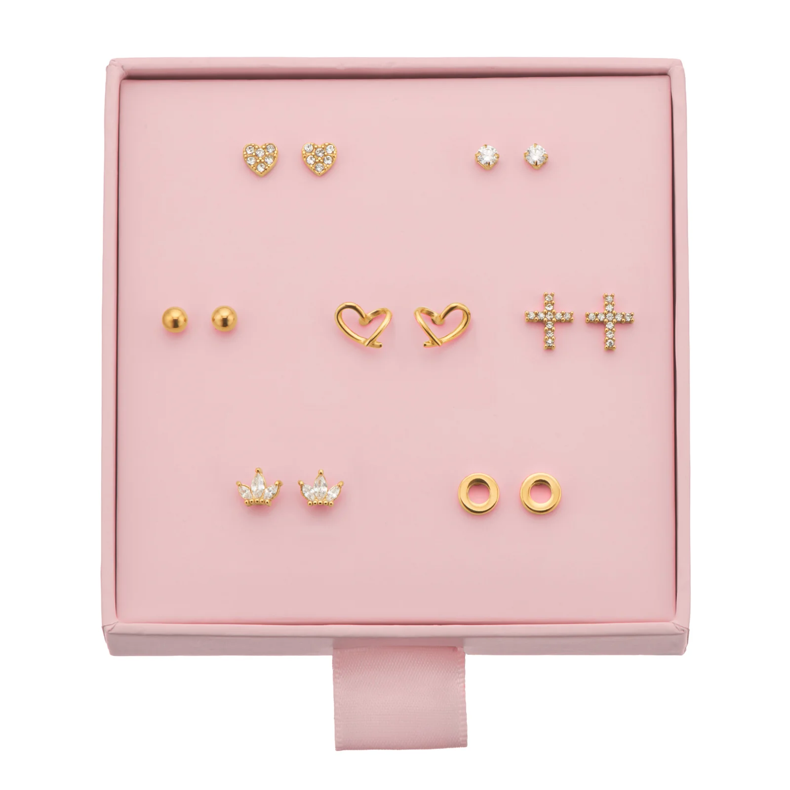 Stainless Steel Gold Tone 7 piece Earring Set Gift Box - Image 2