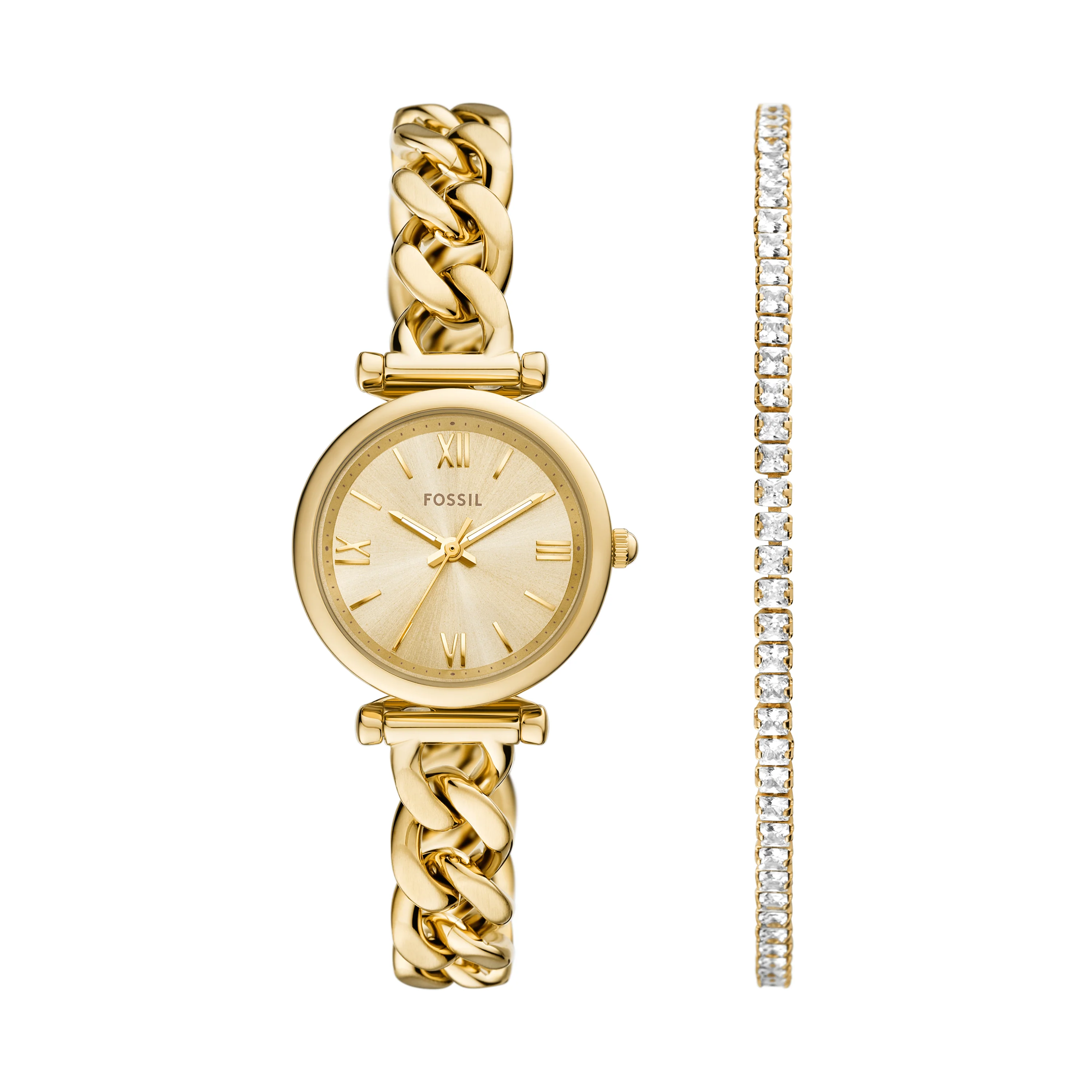 Fossil Carlie Gold Tone Stainless Steel Watch & Tennis Bracelet Set ES5387SET