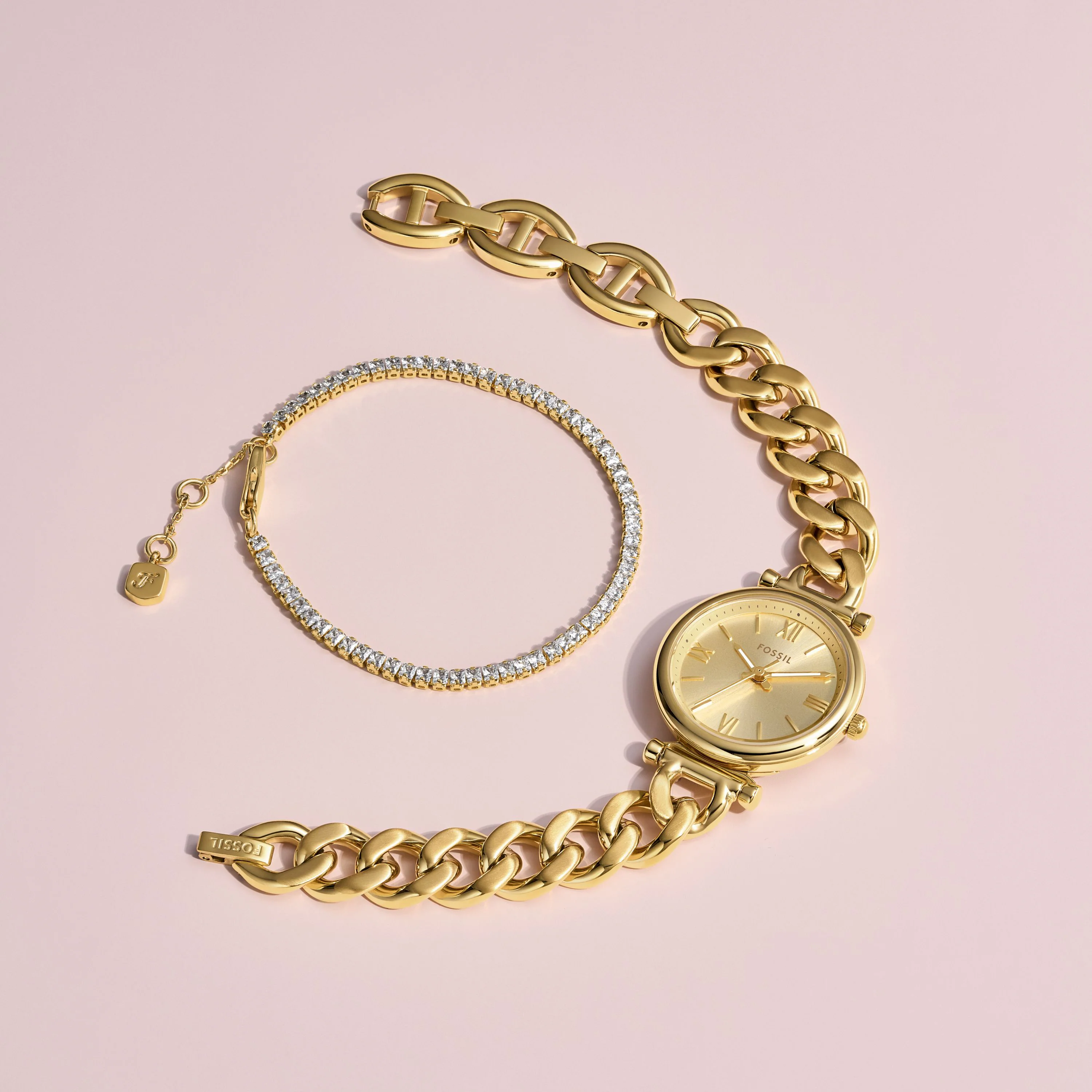 Fossil Carlie Gold Tone Stainless Steel Watch & Tennis Bracelet Set ES5387SET - Image 3
