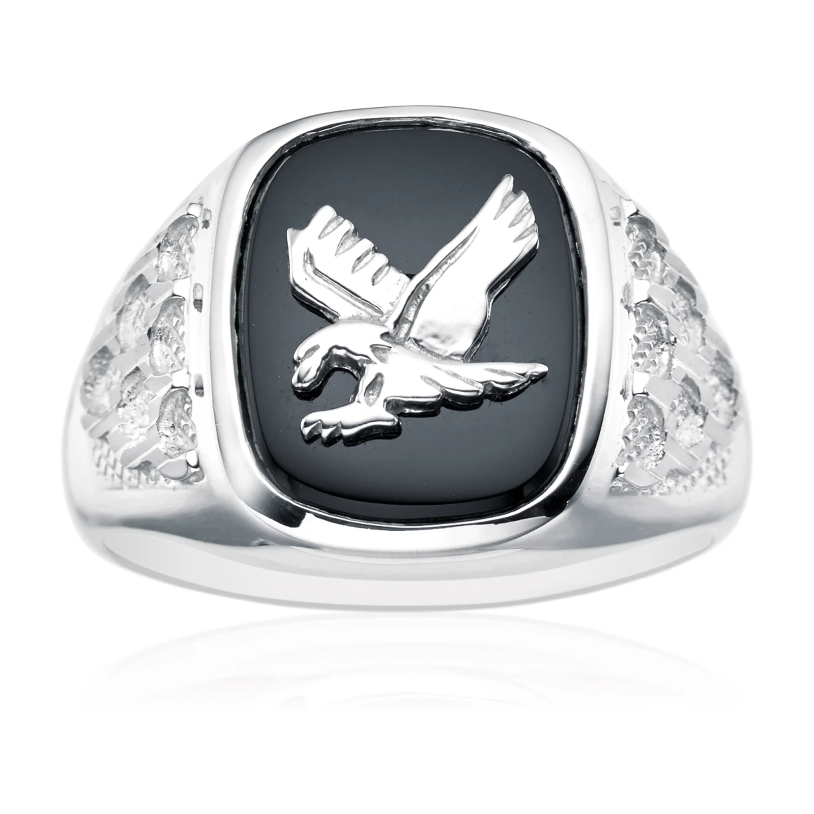 Sterling Silver Cubic Zirconia & Black Onyx Eagle Signet Mens Ring