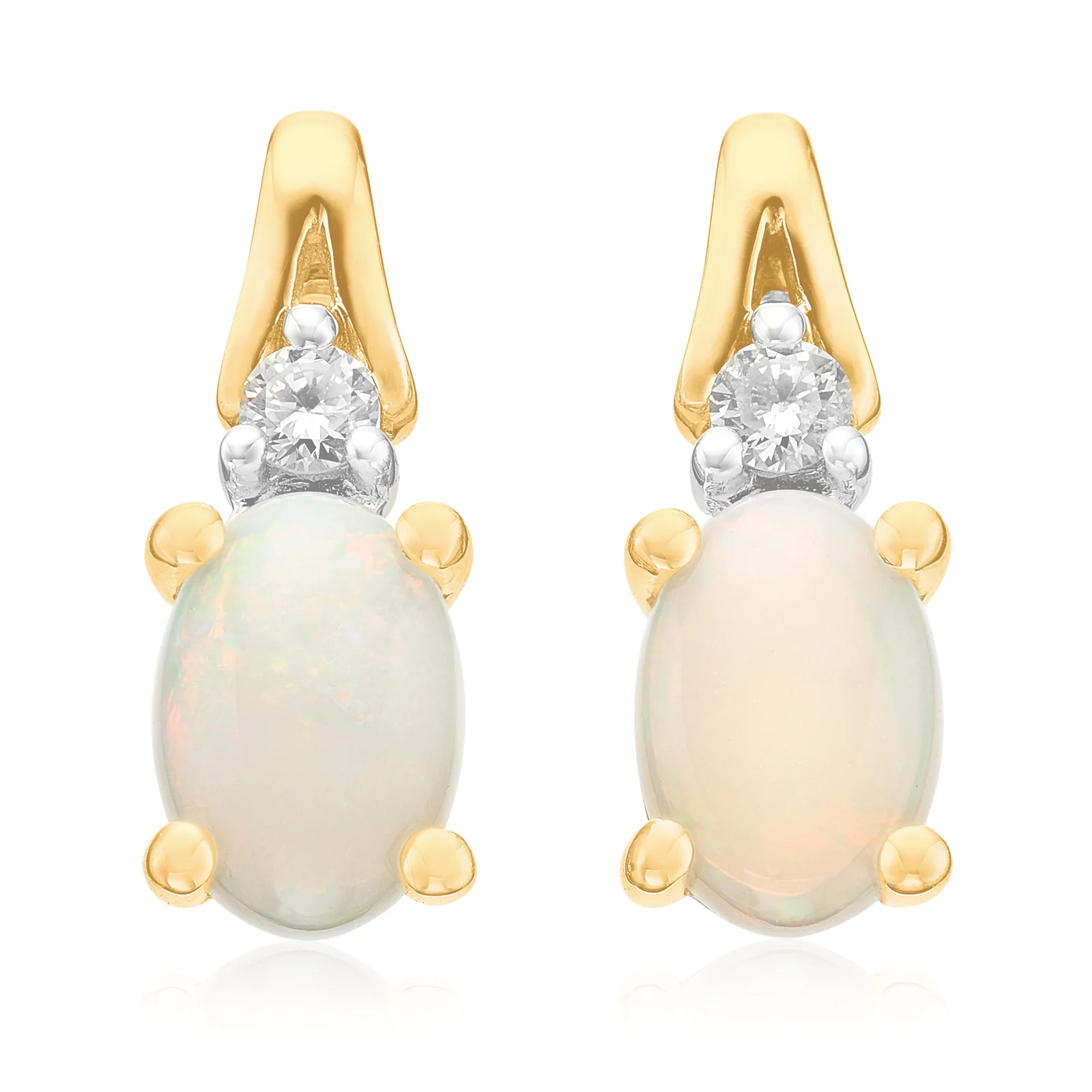 9ct Yellow Gold Oval Cut 6x4mm Opal & Diamond Stud Earrings