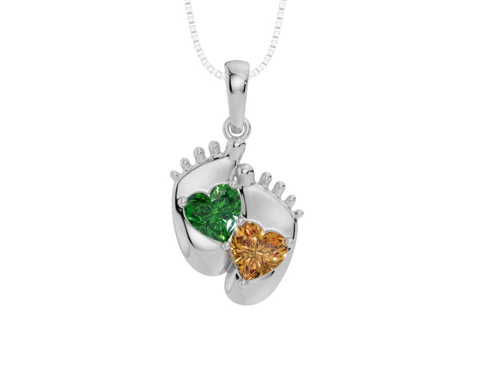 Personalised 2 Birthstones Baby Feet Pendant