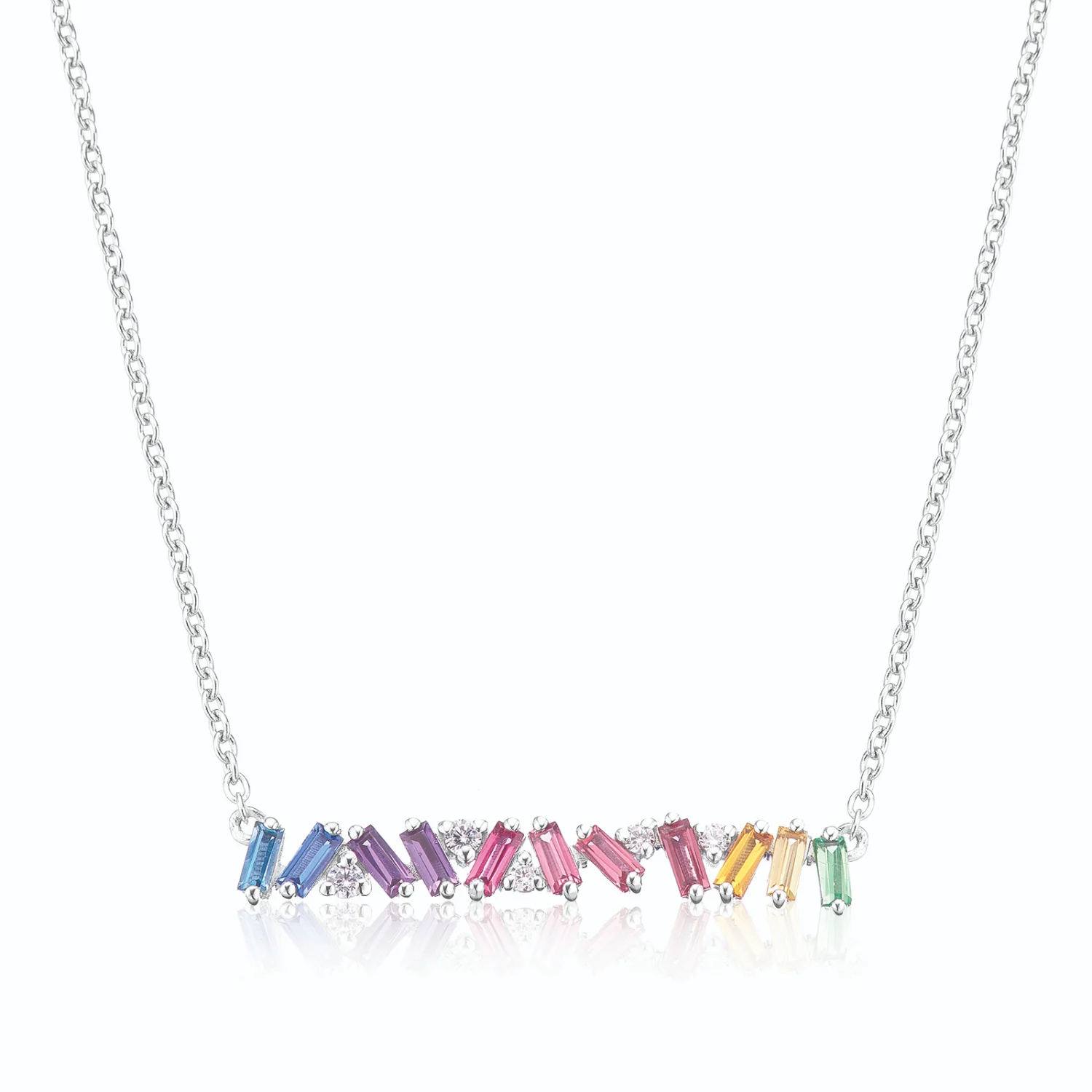 Sterling Silver 40-45mm with Baguete & Round Cut Cubic Zirconia Rainbow Necklace