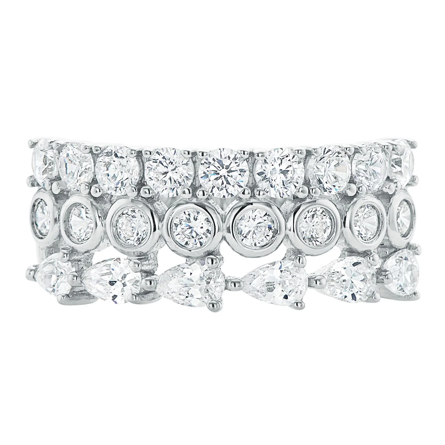 Sterling Silver with Round & Pear White Cubic Zirconia Multi-Row Ring